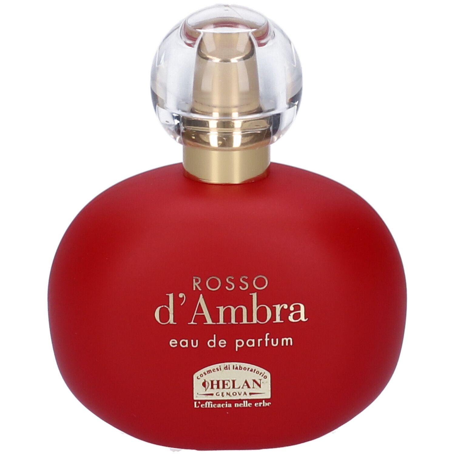Flacone rosso con vaporizzatore dorato. Scritta: ROSSO d'Ambra, Eau de Parfum. Marchio: HELAN.