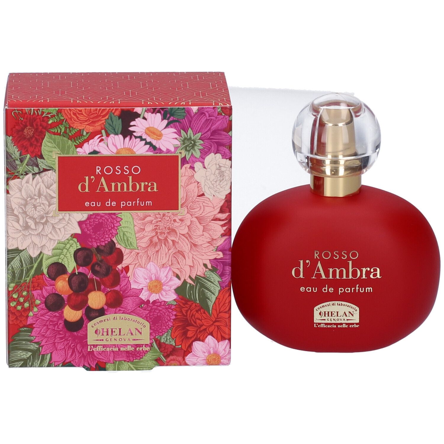 Confezione floreale. Scritta: ROSSO d'Ambra, Eau de Parfum. Marchio: HELAN. Testo in italiano.