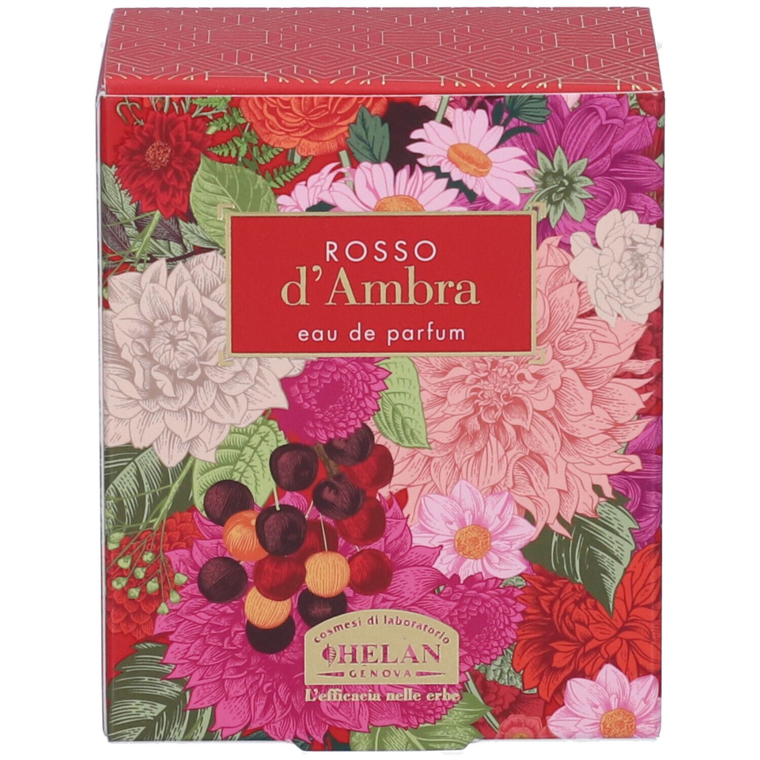 Confezione floreale. Scritta: ROSSO d'Ambra, Eau de Parfum. Marchio: HELAN. Testo in italiano.