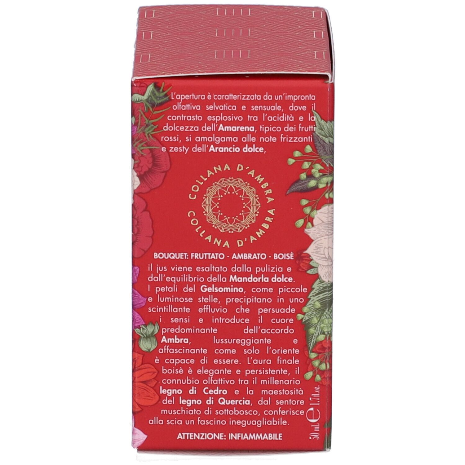 Confezione con testo. Scritta: ROSSO d'Ambra, Eau de Parfum. Testo in italiano. Motivo floreale.