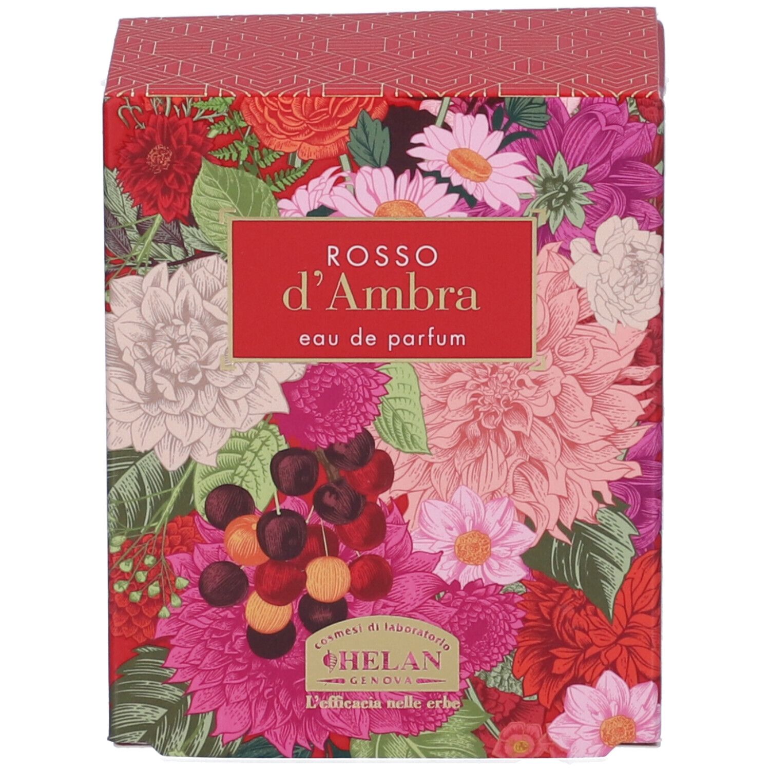 Confezione con testo. Scritta: ROSSO d'Ambra, Eau de Parfum. Testo in italiano. Motivo floreale.