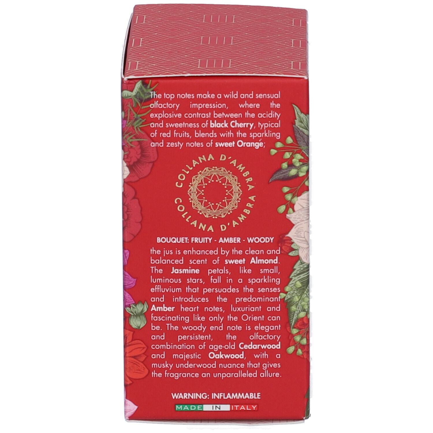 Confezione con testo. Scritta: ROSSO d'Ambra, Eau de Parfum. Testo in italiano. Motivo floreale.