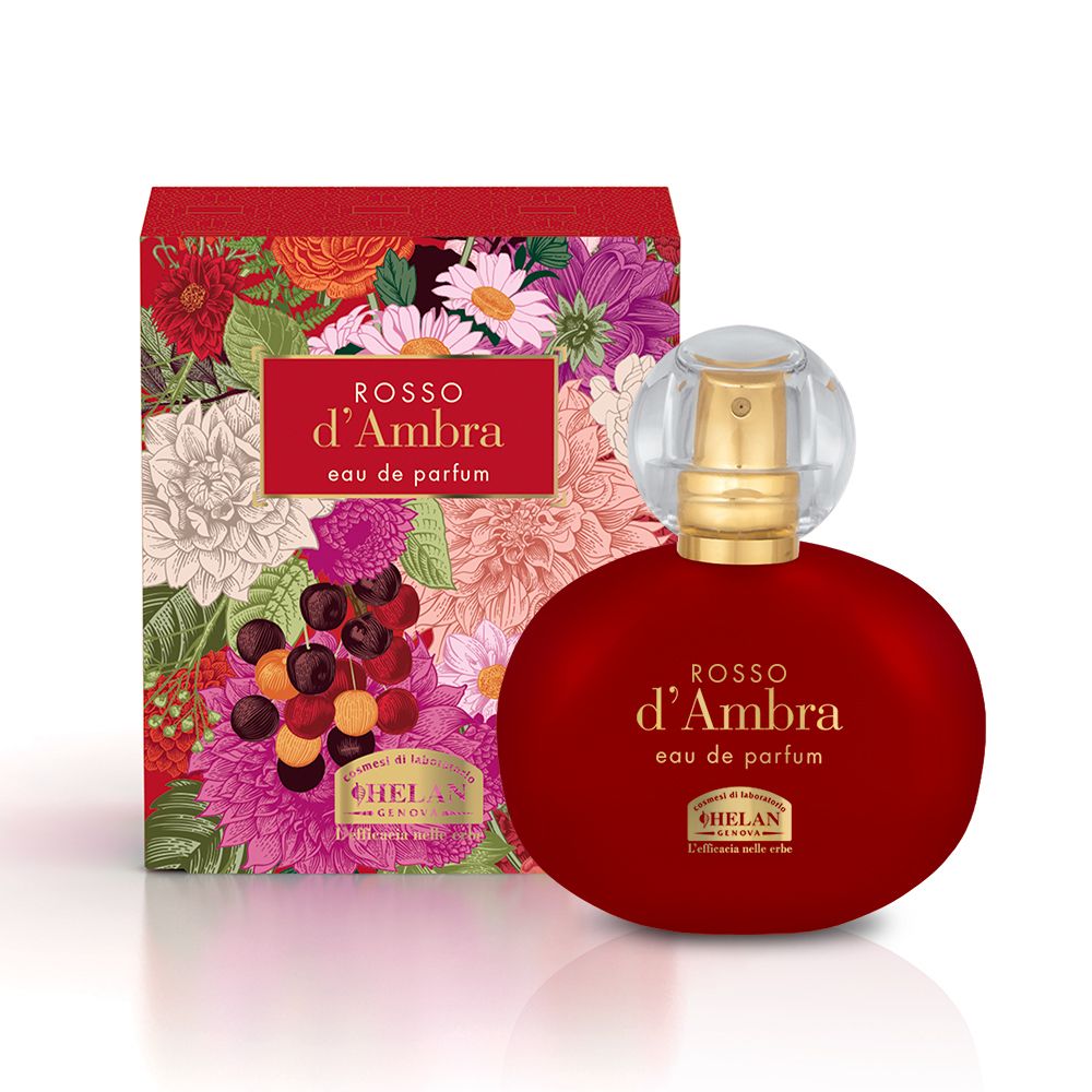 Flacone rosso e confezione. Scritta: ROSSO d'Ambra, Eau de Parfum. Confezione floreale. Marchio: HELAN.