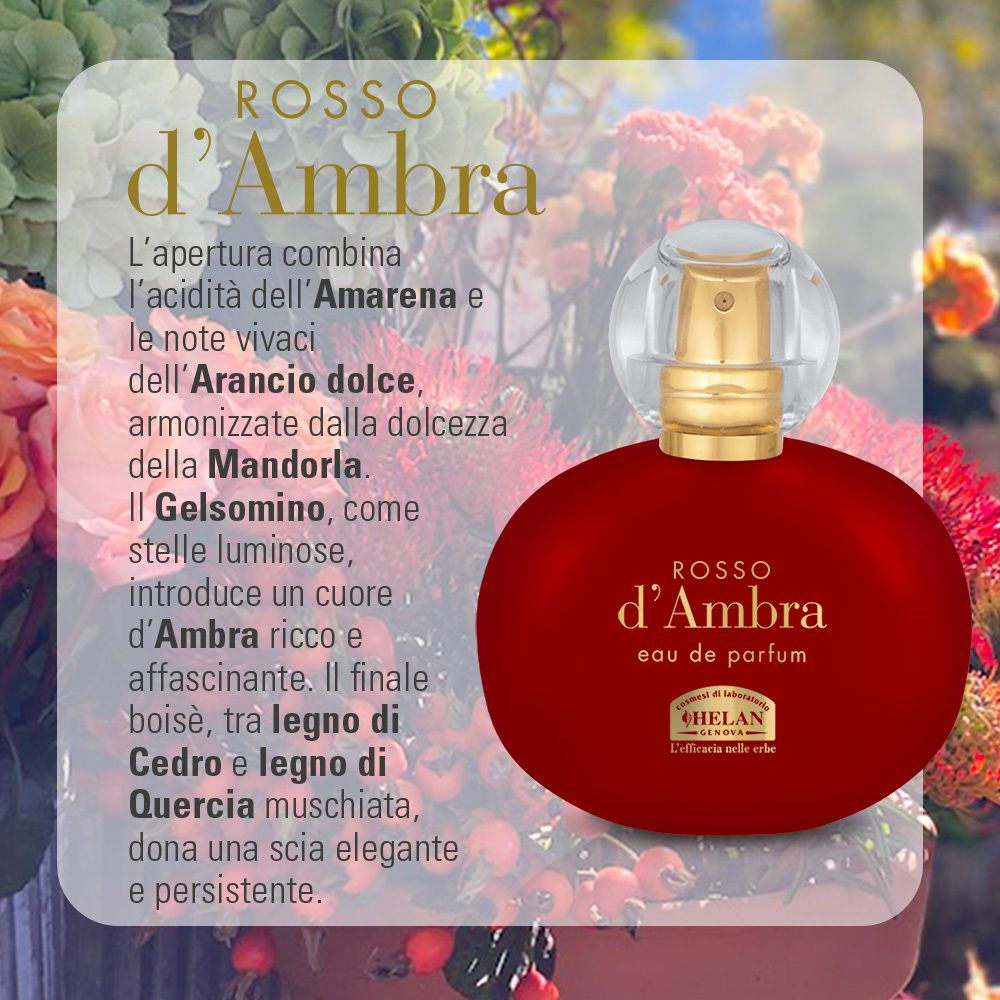 Flacone rosso con testo. Scritta: ROSSO d'Ambra, Eau de Parfum. Testo in italiano. Marchio: HELAN.
