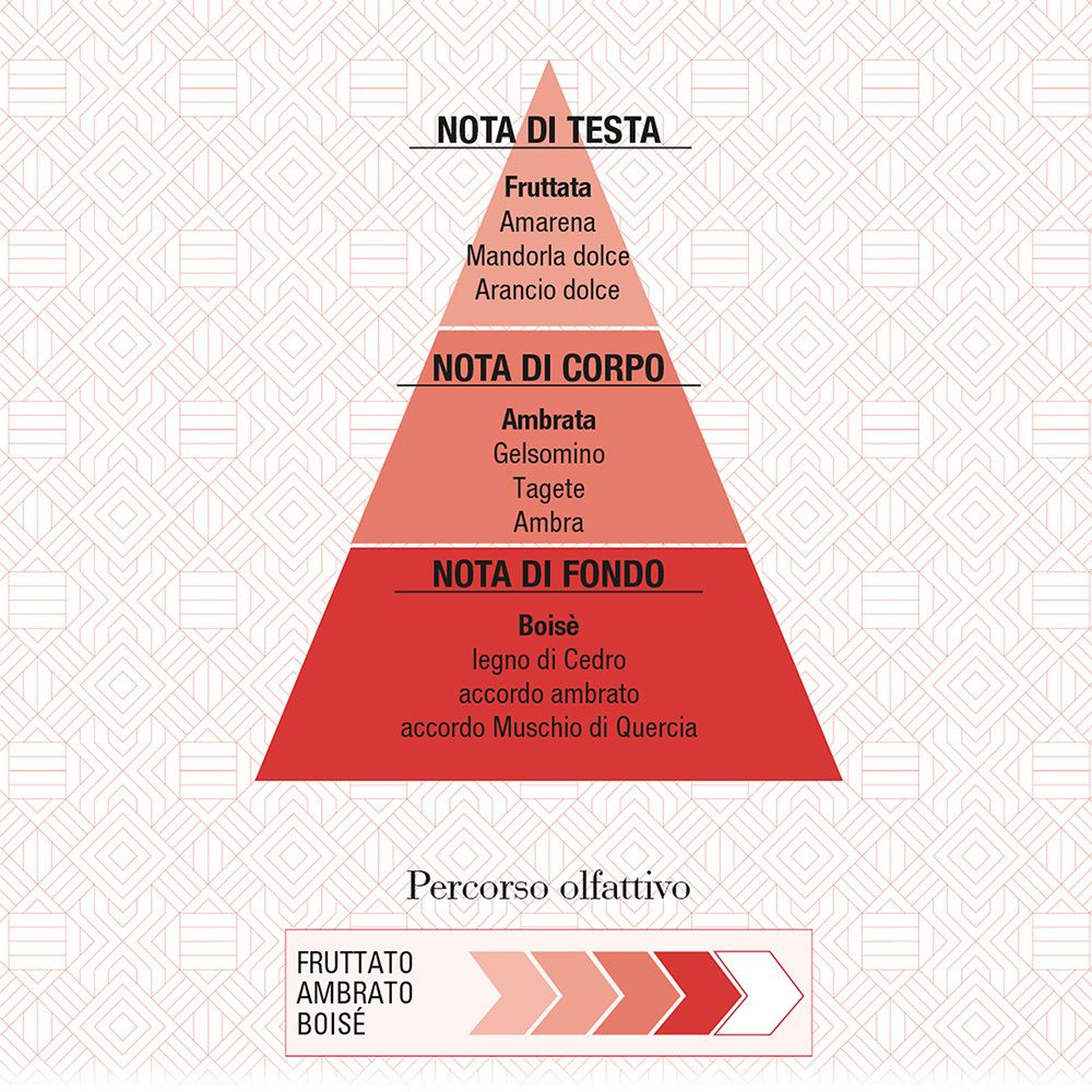 Piramide con note olfattive. Testo: NOTA DI TESTA, NOTA DI CORPO, NOTA DI FONDO. Colori: rosso, bianco. Testo italiano.