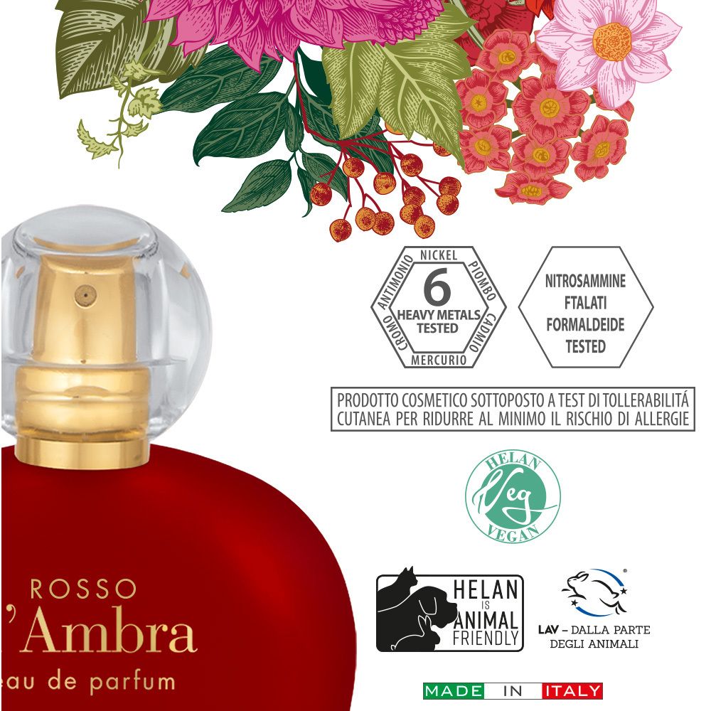 Flacone rosso con testo e loghi. Scritta: ROSSO d'Ambra, Eau de Parfum. Loghi: Vegano, Animal Friendly, Made in Italy.
