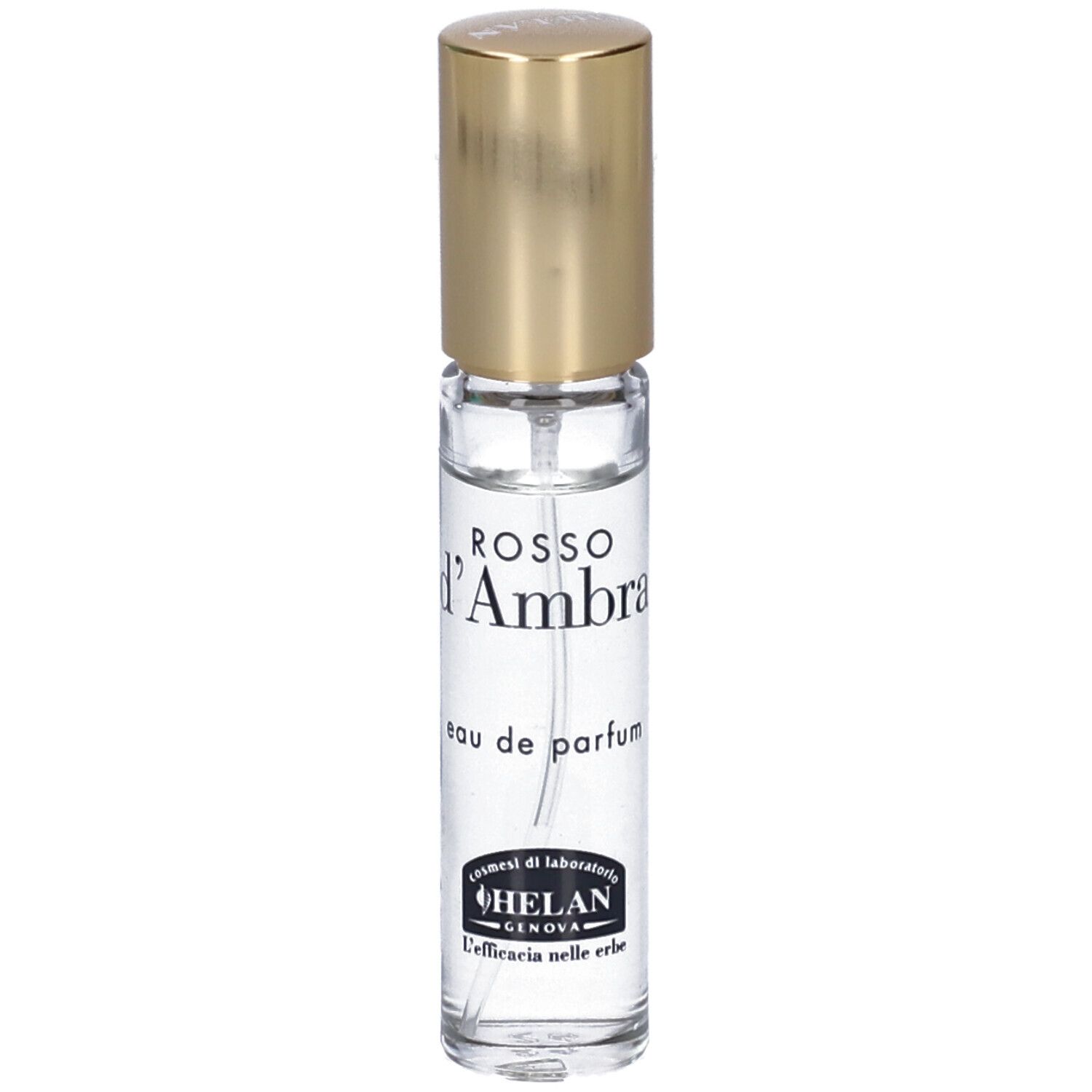 Flacone di profumo con tappo dorato. Scritta: ROSSO d'Ambra, eau de parfum. Logo: HELAN.