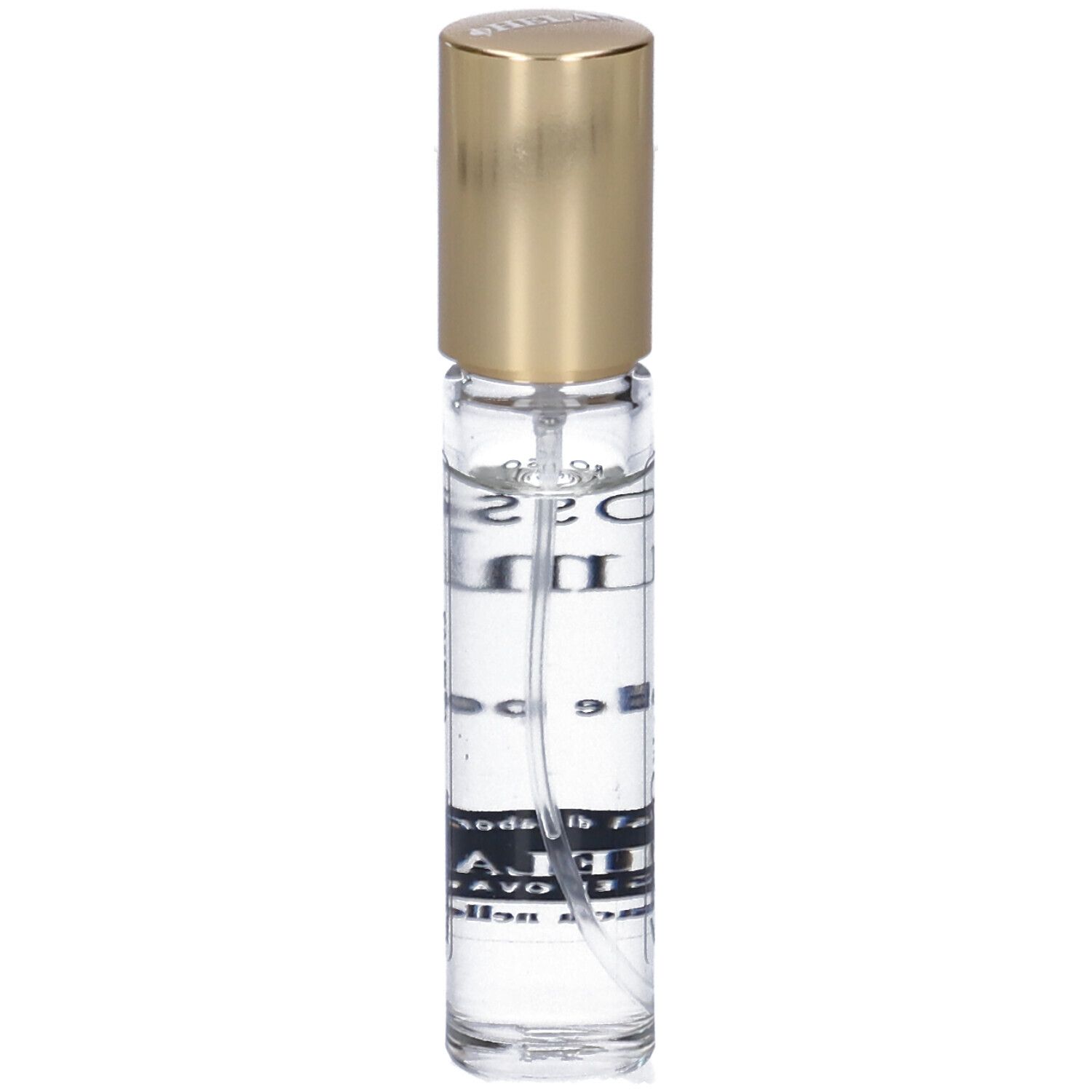 Flacone di profumo con tappo dorato. Scritta: ROSSO d'Ambra, eau de parfum. Logo: HELAN.