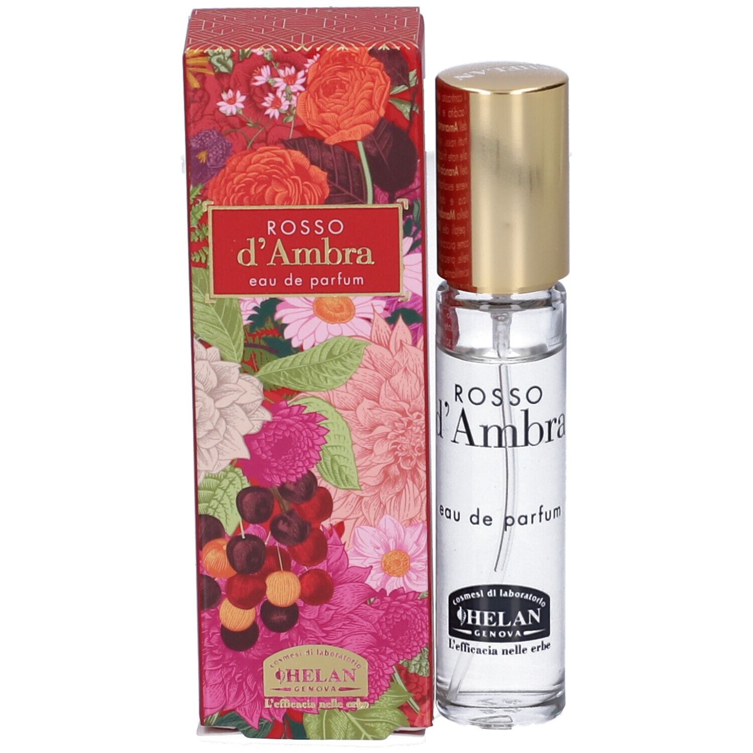 Flacone di profumo con tappo dorato. Scritta: ROSSO d'Ambra, eau de parfum. Logo: HELAN.