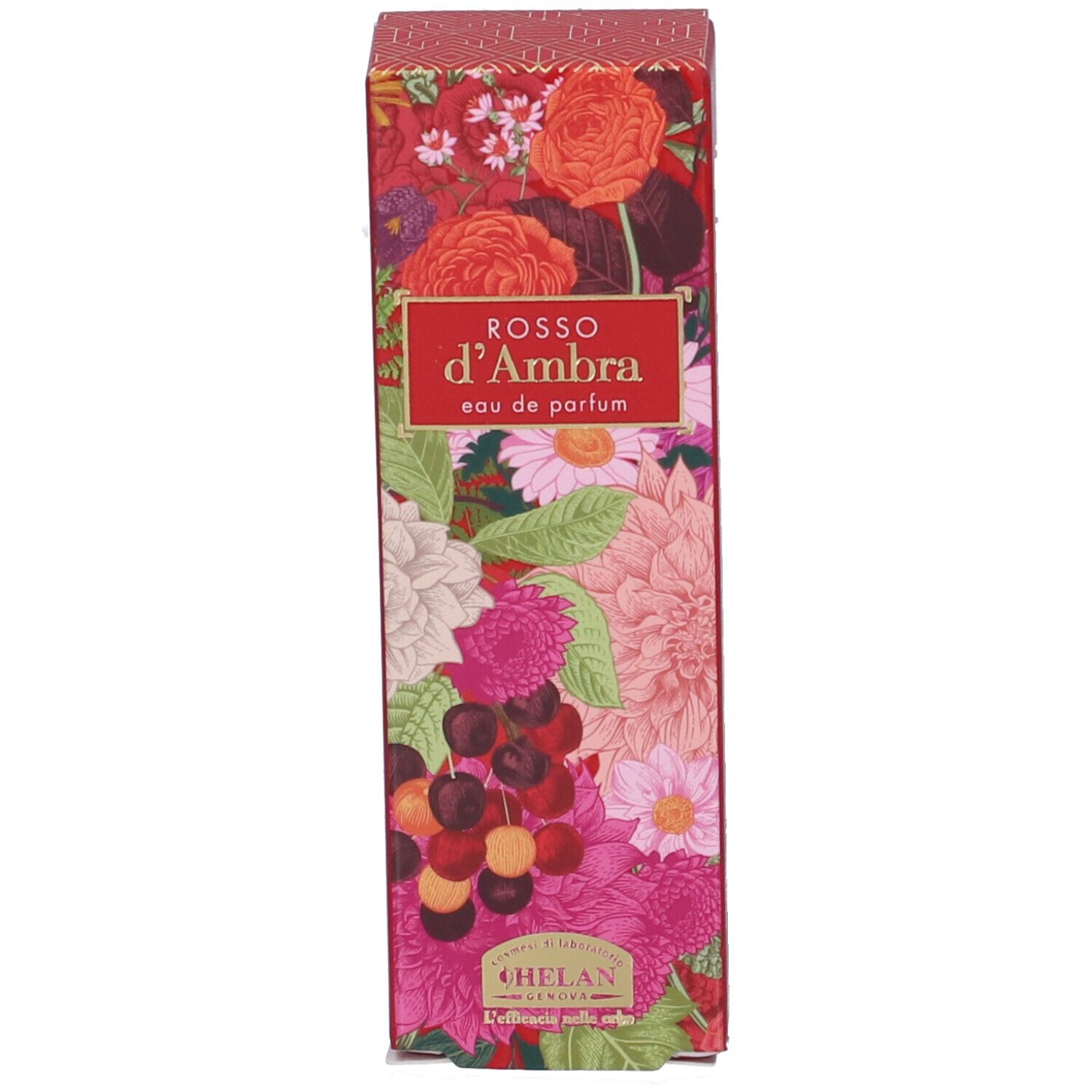 Flacone di profumo e scatola. Scritta: ROSSO d'Ambra, eau de parfum. Scatola con motivi floreali. Logo: HELAN.