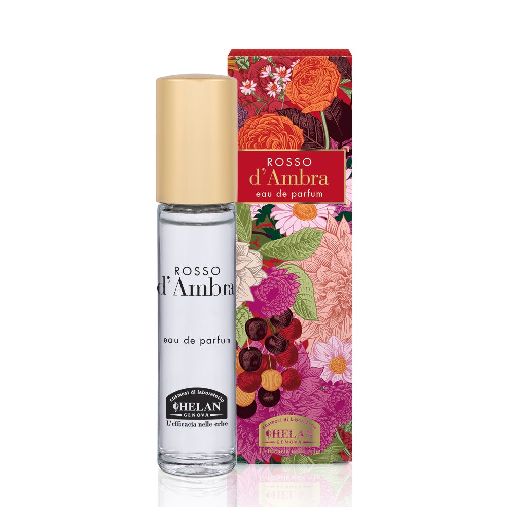 Flacone di profumo e scatola. Scritta: ROSSO d'Ambra, eau de parfum. Scatola con motivi floreali. Logo: HELAN.