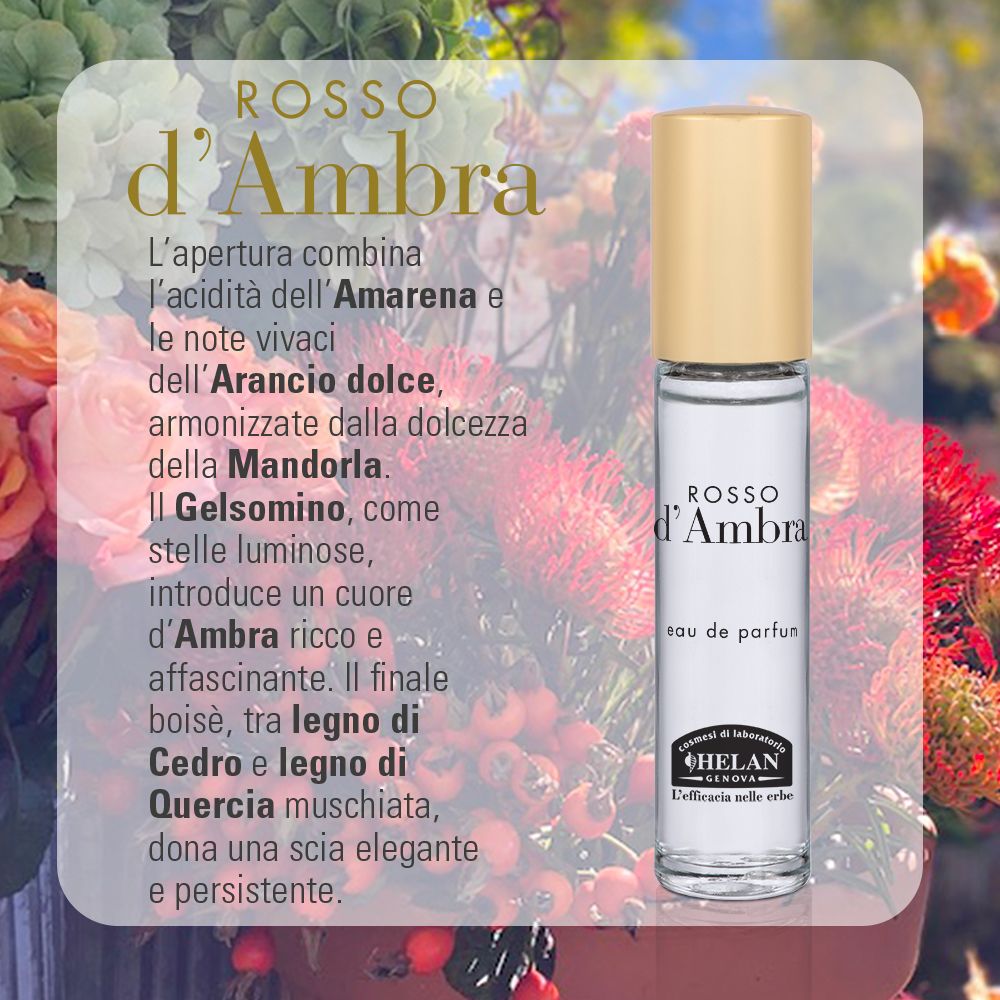 Flacone di profumo davanti a fiori. Testo: ROSSO d'Ambra, eau de parfum. Descrizione note. Logo: HELAN.