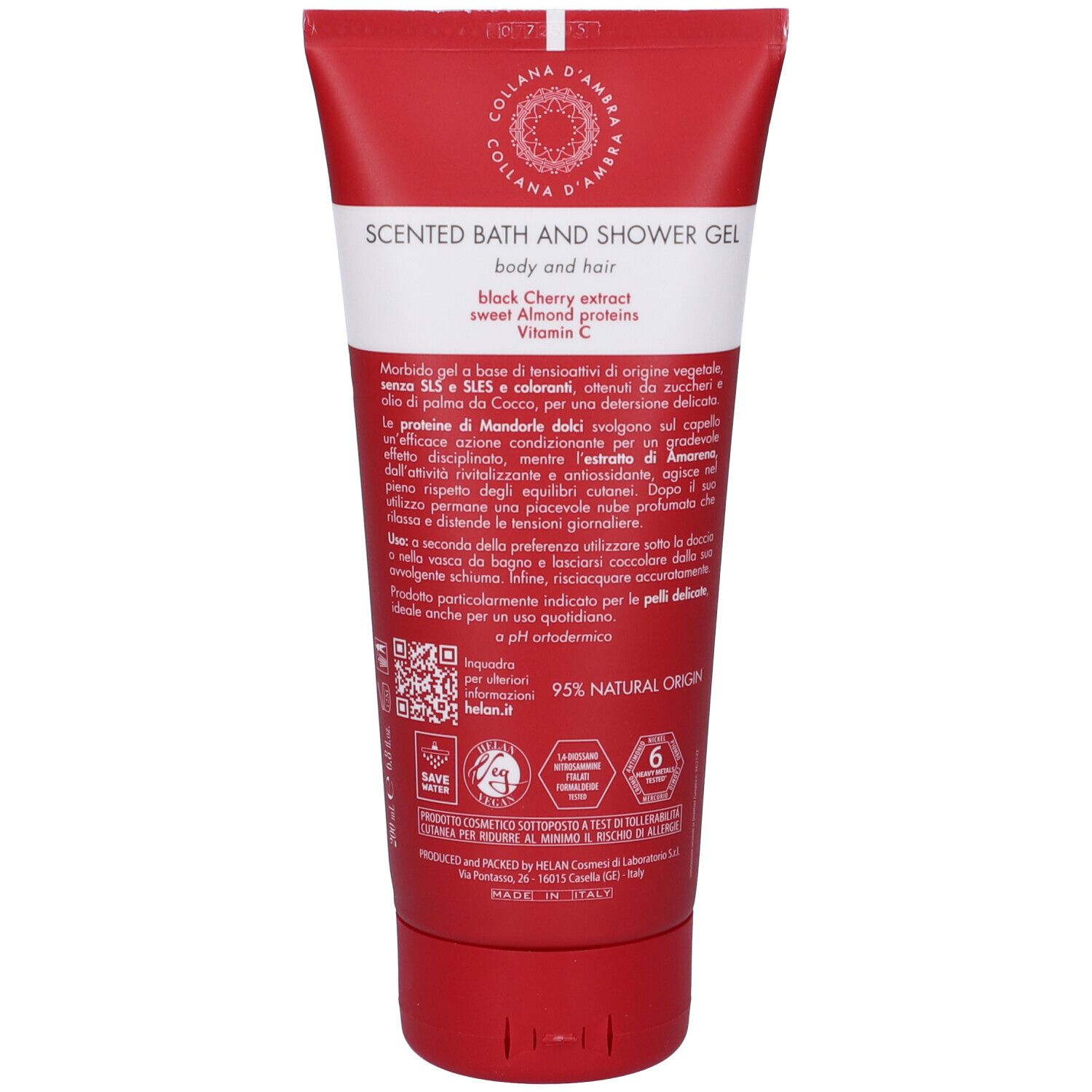 Retro del tubo rosso. Testo: Scented Bath and Shower Gel, 9.5% Natural Origin, ingredienti. Marchio: Helan.