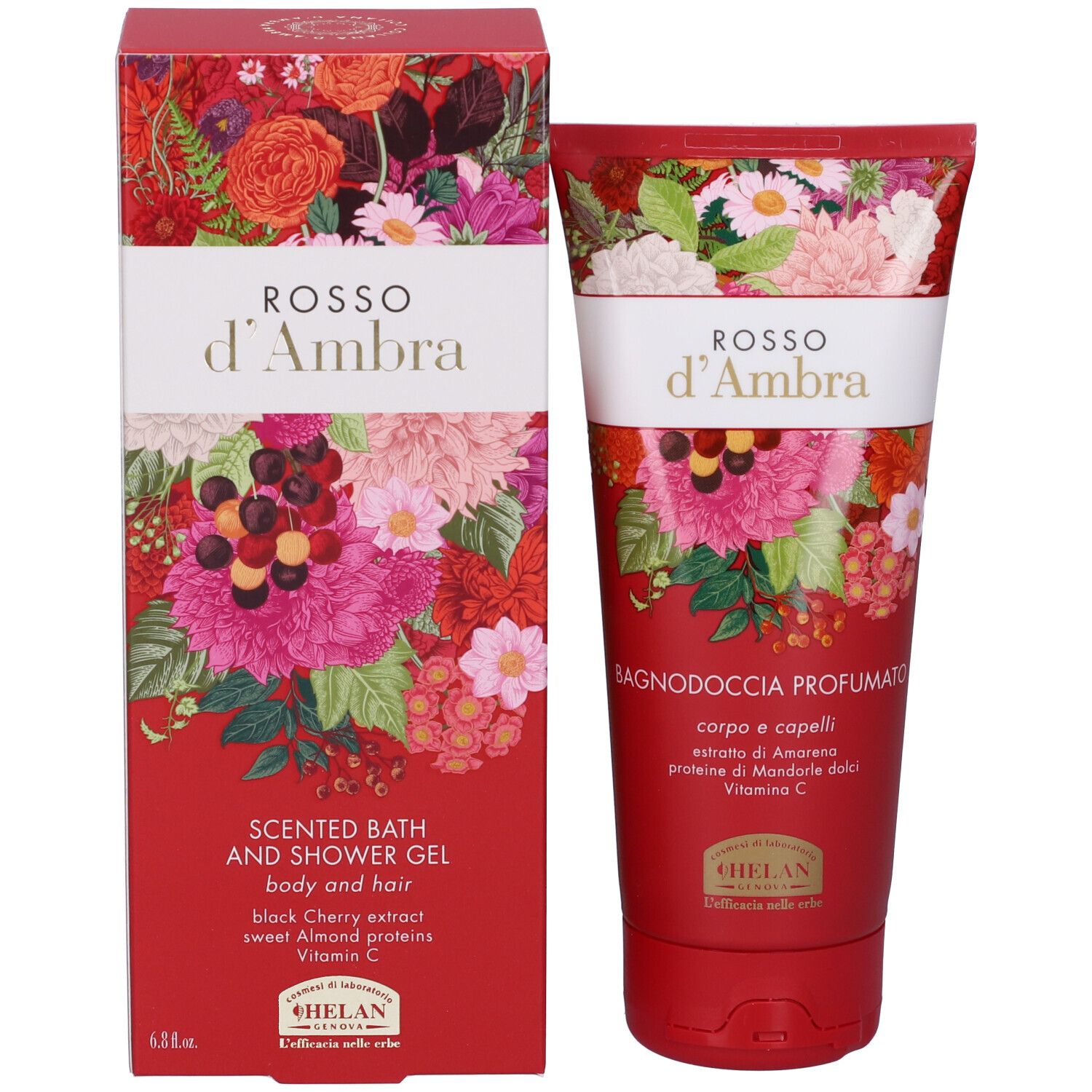 Confezione del prodotto: Scatola e tubo rossi. Testo: ROSSO d'Ambra, Scented Bath and Shower Gel. Marchio: Helan.
