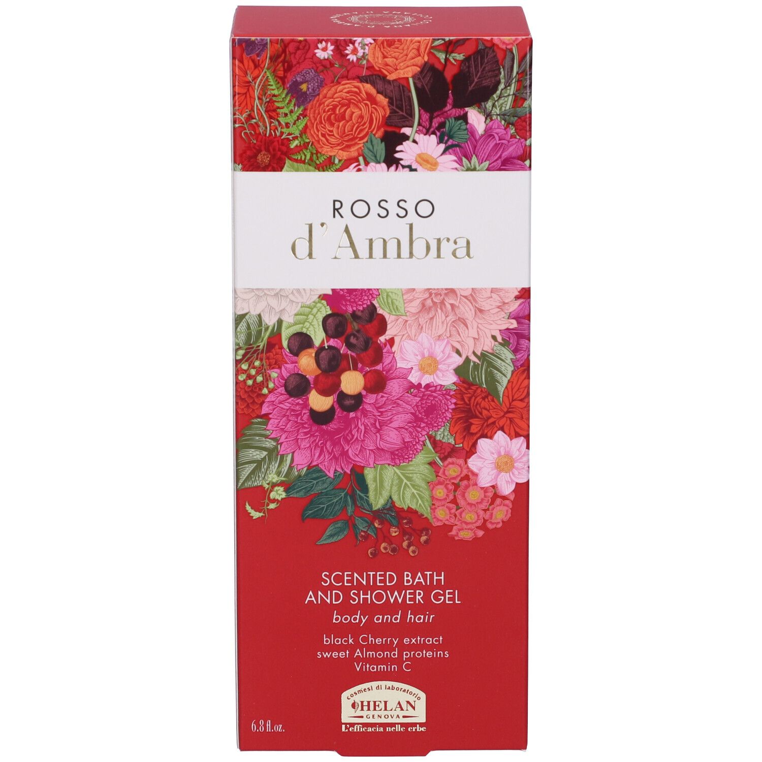 Scatola rossa con design floreale. Testo: ROSSO d'Ambra, Scented Bath and Shower Gel. Marchio: Helan.