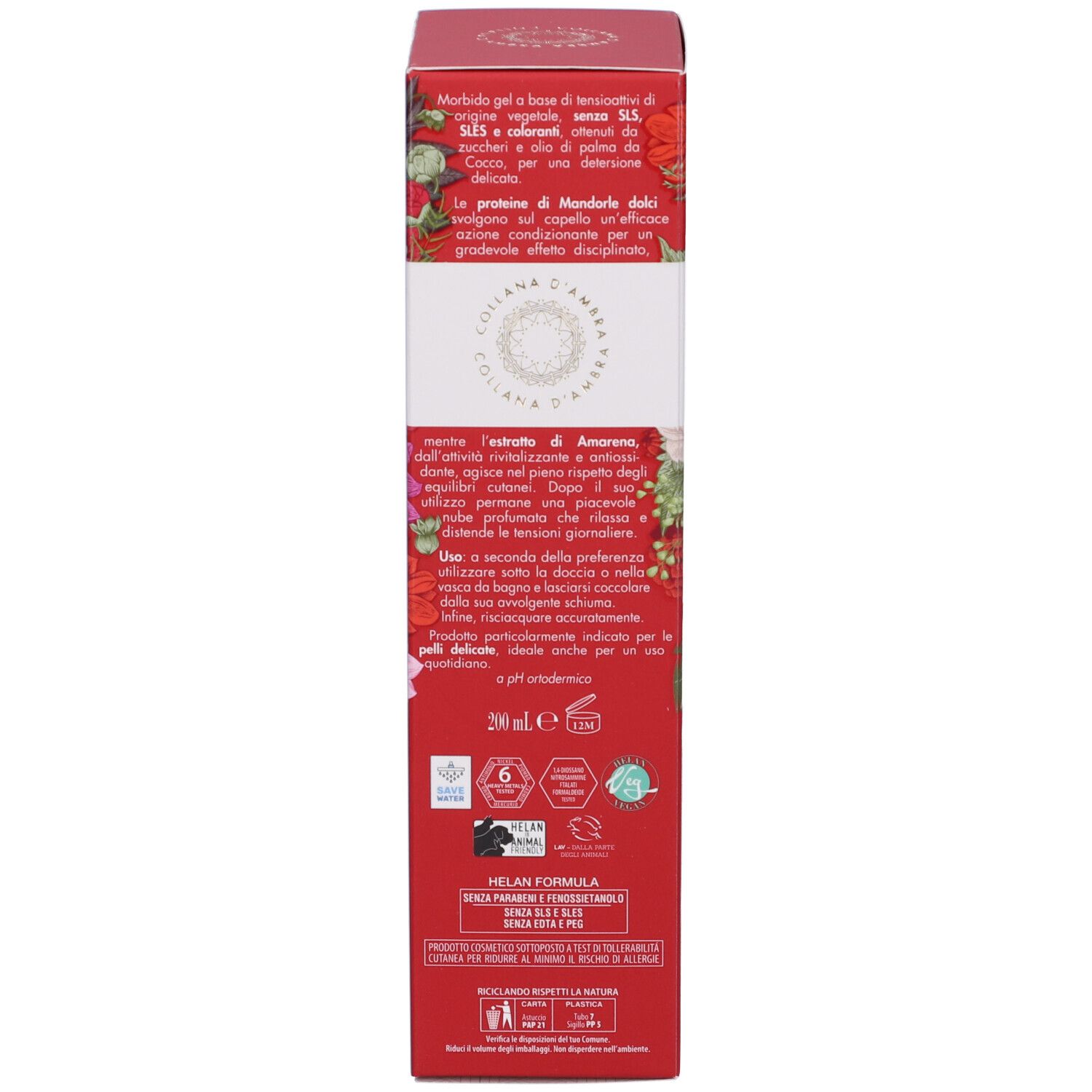 Scatola rossa, retro. Testo: Ingredienti, istruzioni per l'uso. Marchio: Helan. Certificazioni.