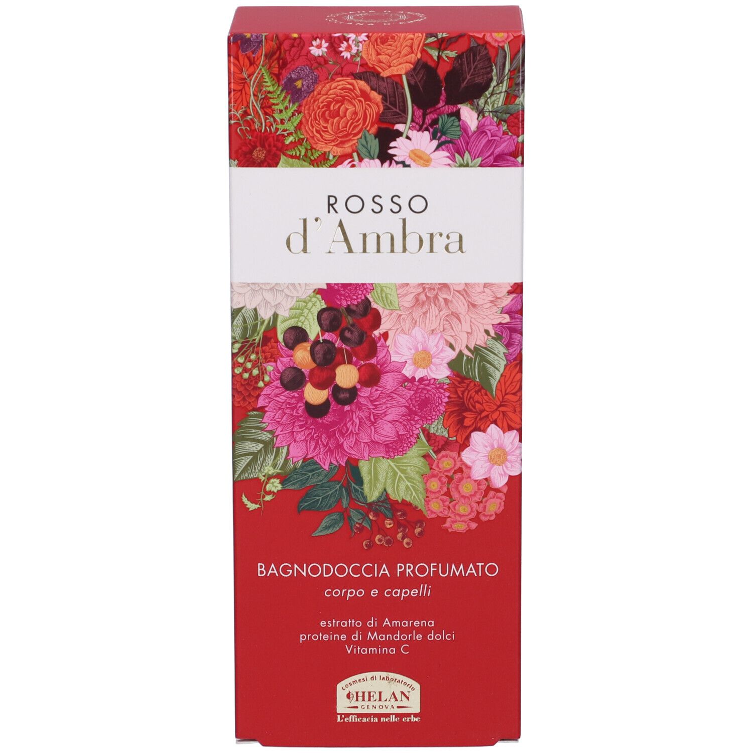 Scatola rossa con design floreale. Testo: ROSSO d'Ambra, BAGNODOCIA PROFUMATO. Marchio: Helan.