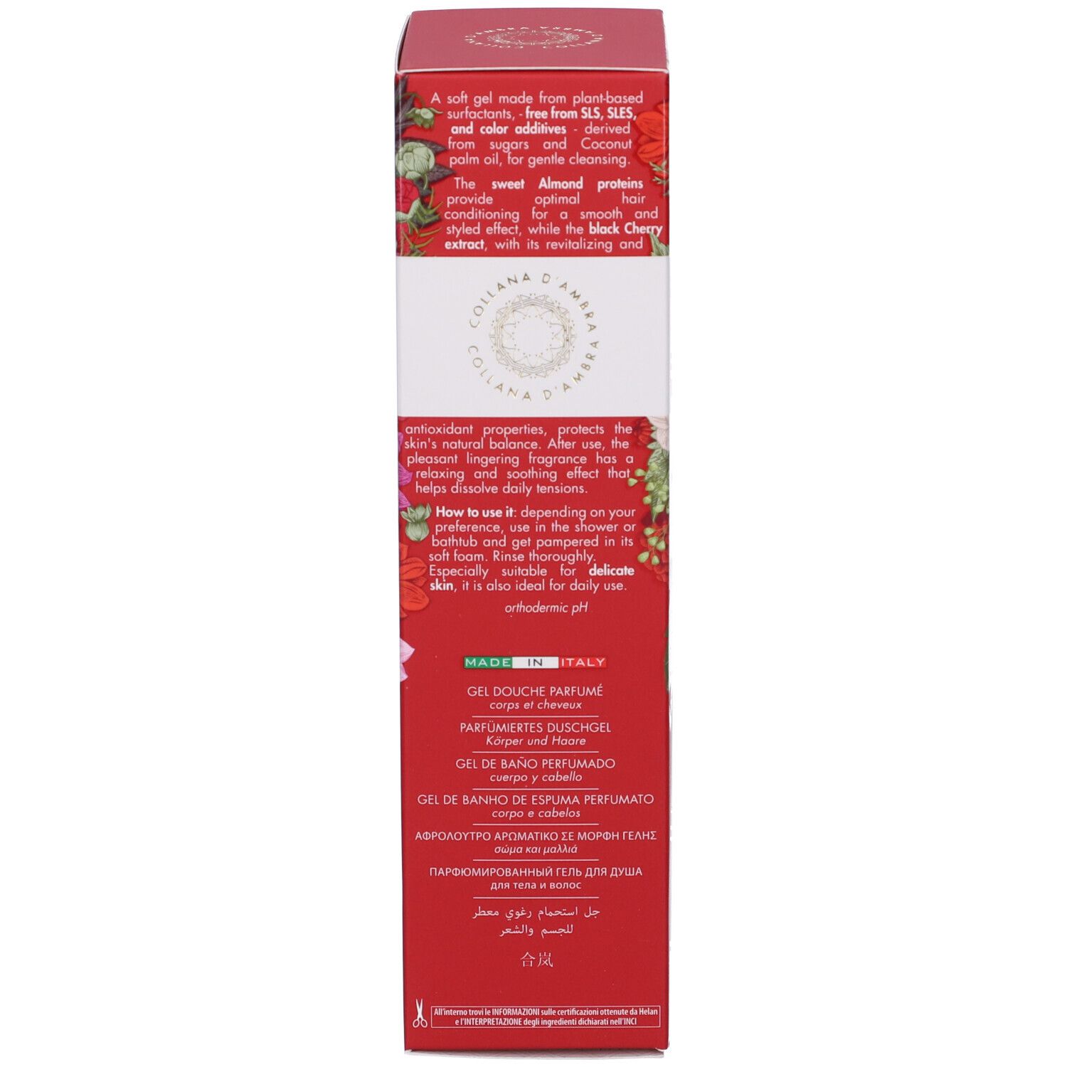 Scatola rossa, lato. Testo: Gel Douche Parfumé, Gel de bagno profumato. Marchio: Helan. Made in Italy.