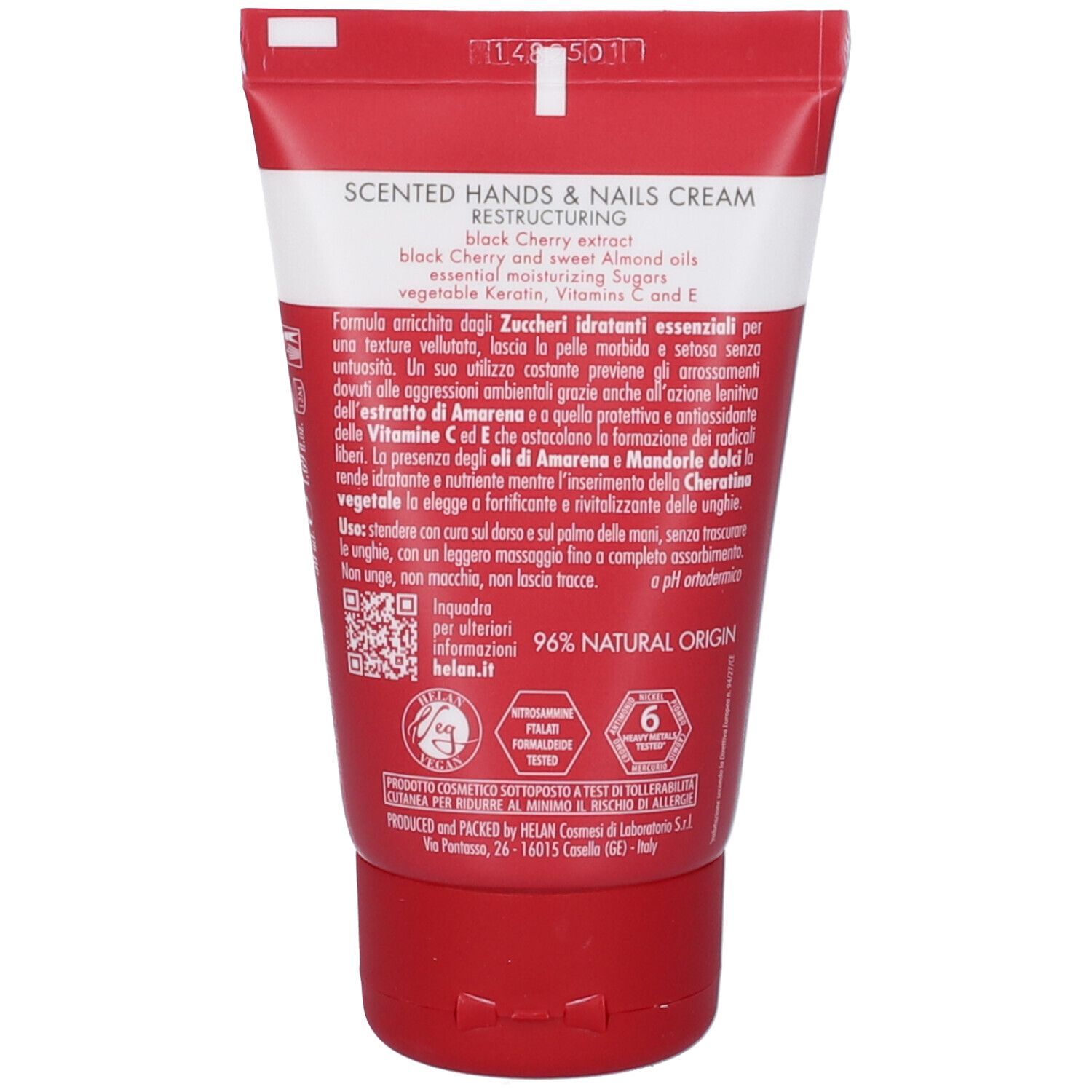 Retro del tubo rosso. Testo: Scented Hands & Nails Cream, 96% Natural Origin, Helan. Ingredienti e informazioni.