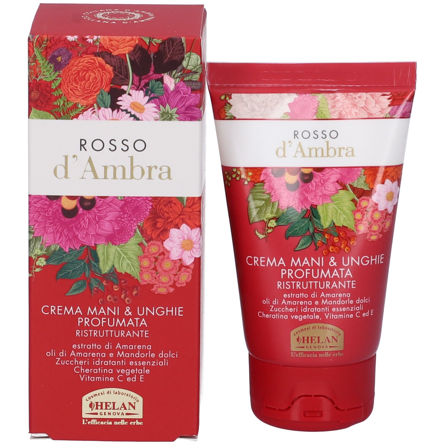 Confezione del prodotto: tubo e scatola. Entrambi rossi con design floreale. Testo: Rosso d'Ambra, Crema Mani & Unghie Profumata, Helan.