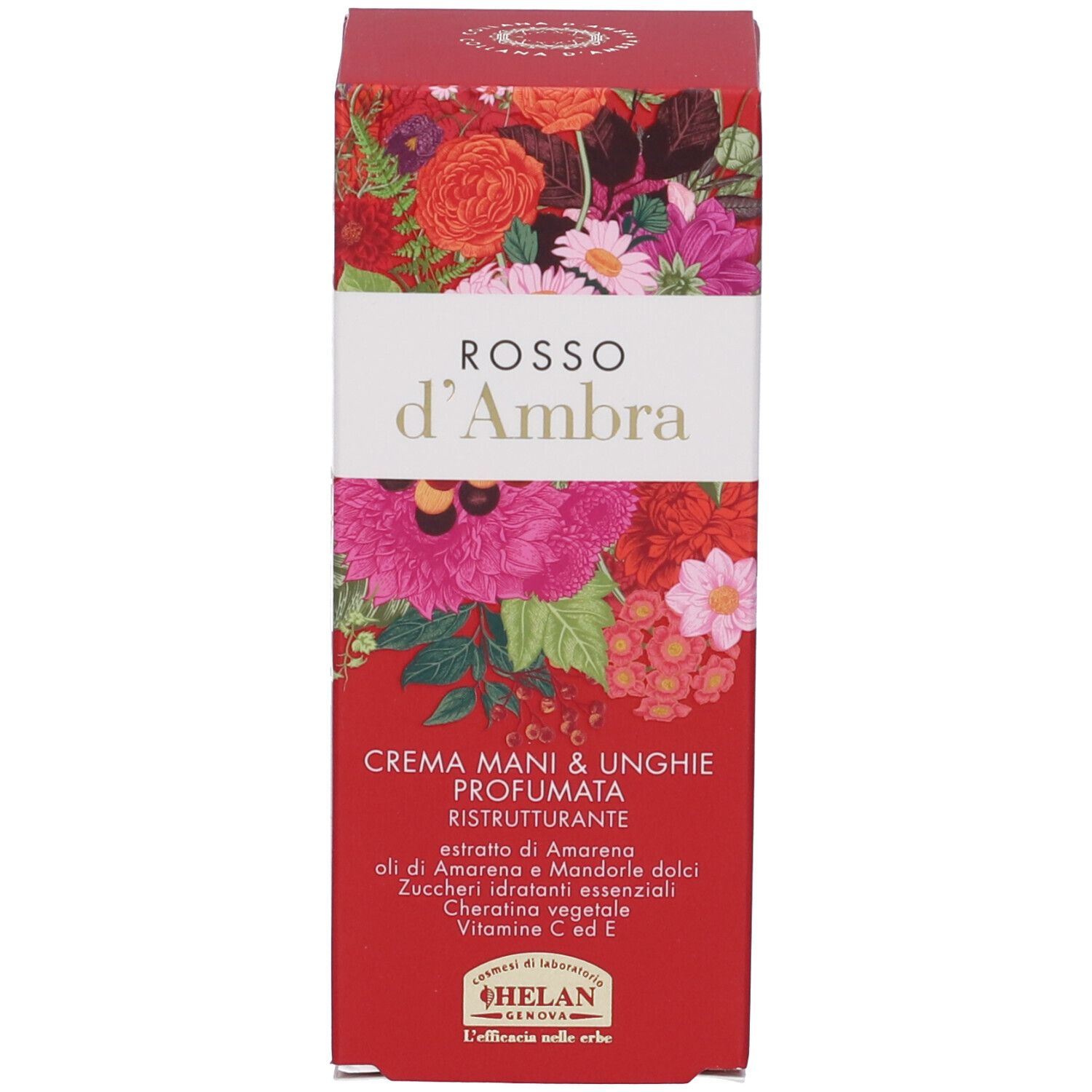 Scatola rossa con design floreale. Testo: Rosso d'Ambra, Crema Mani & Unghie Profumata, Helan. Prodotto per mani e unghie.