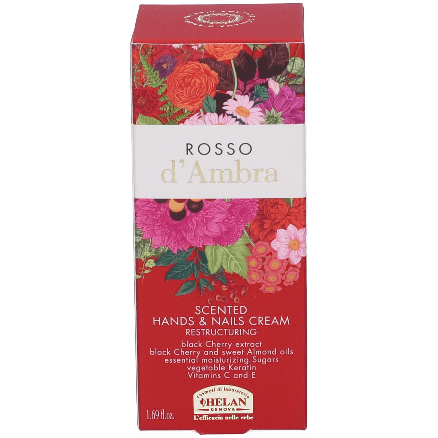 Scatola rossa con design floreale. Testo: Scented Hands & Nails Cream, Helan. Prodotto per mani e unghie. 1.69 fl oz.