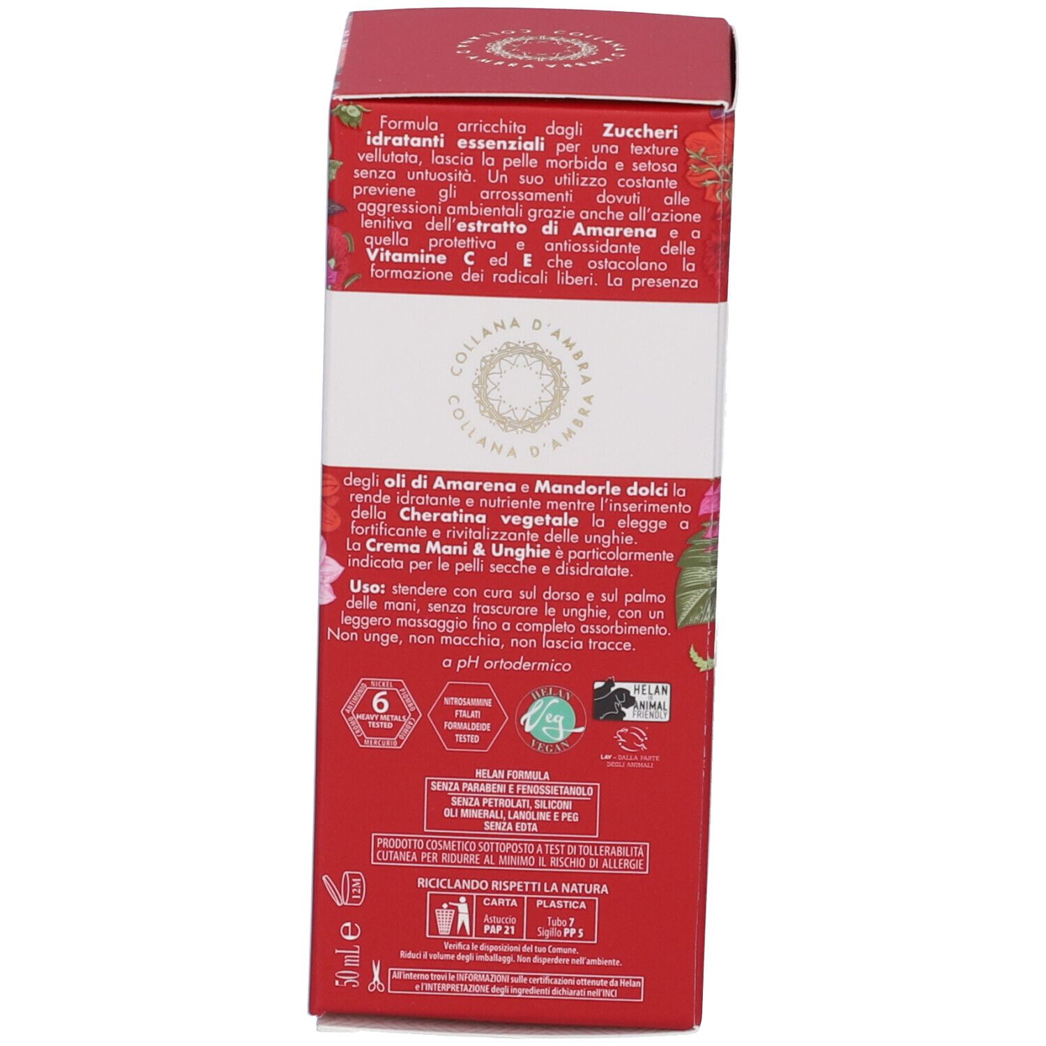 Retro della scatola rossa. Testo: Informazioni sul prodotto, ingredienti, utilizzo. Certificazioni e loghi.