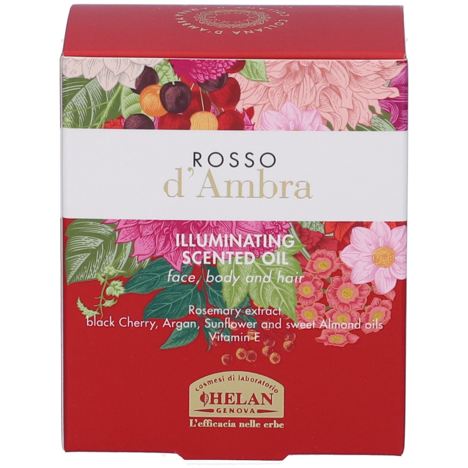 Scatola rossa con motivo floreale. Testo: ROSSO d'Ambra, Illuminating Scented Oil, ingredienti, marchio HELAN.