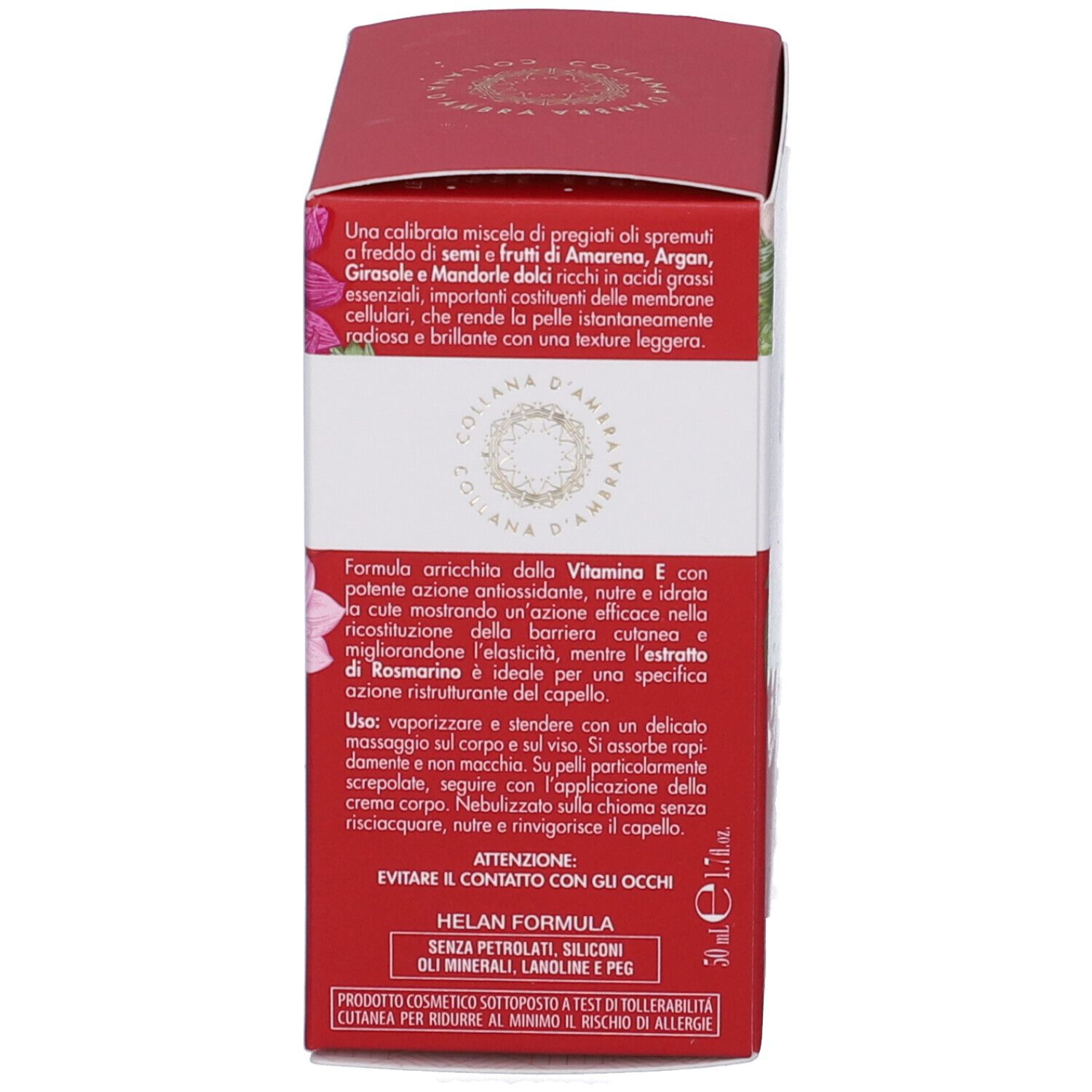 Scatola rossa, testo: ingredienti, uso, avvertenza. Marchio HELAN, 50 ml.