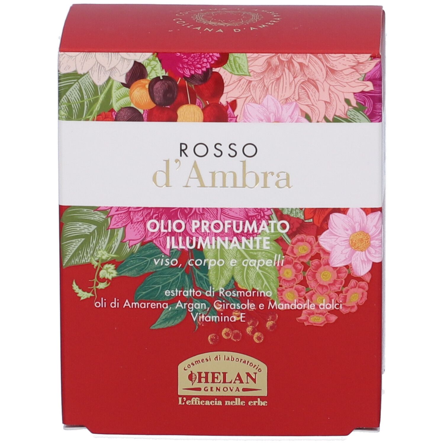 Scatola rossa con motivo floreale. Testo: ROSSO d'Ambra, Olio Profumato Illuminante, ingredienti, marchio HELAN.
