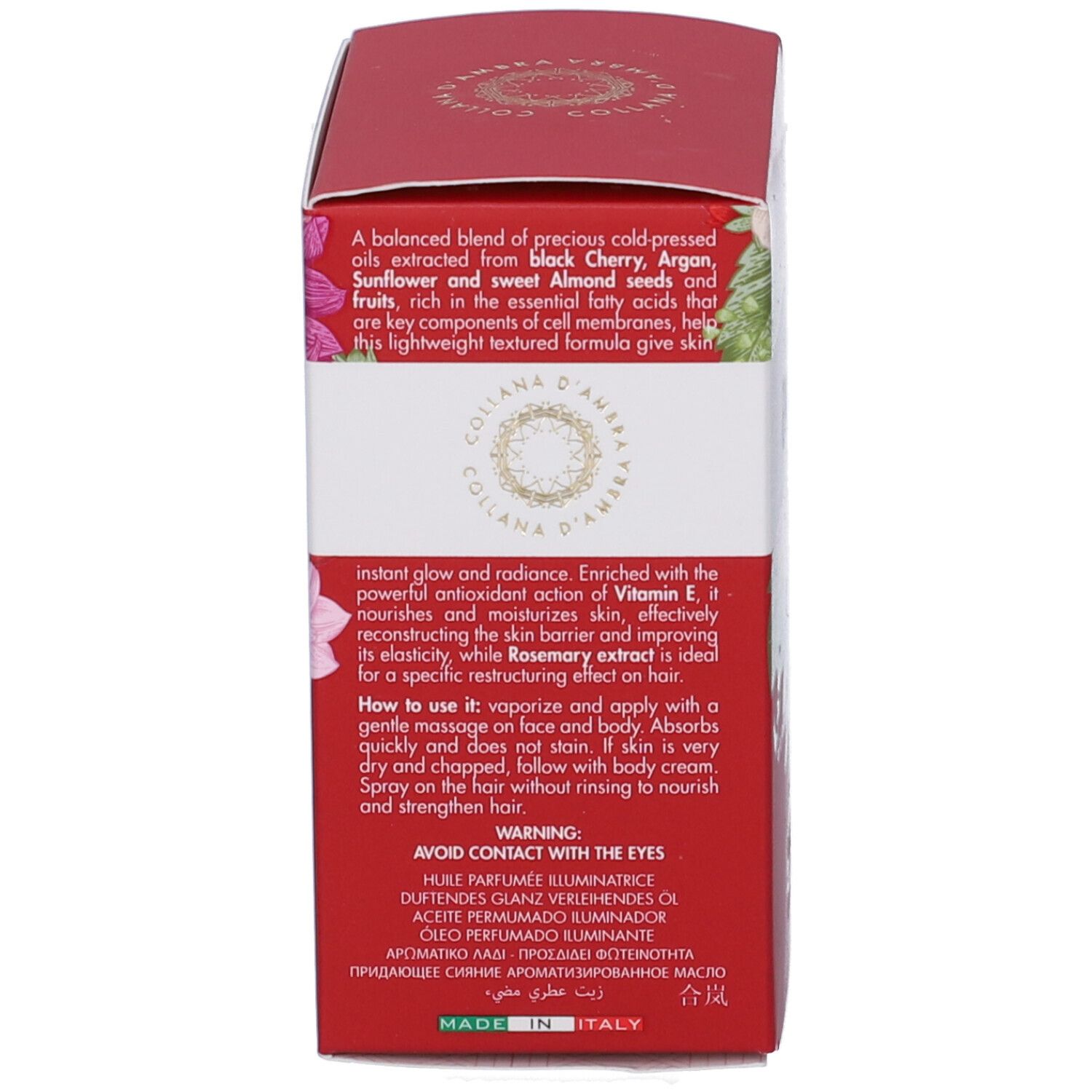 Scatola rossa, testo: ingredienti, uso, avvertenza. Prodotto in Italia.