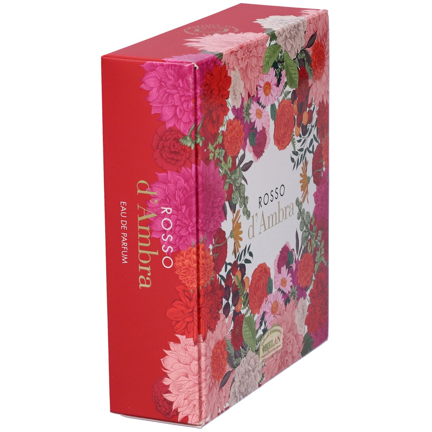 Scatola regalo rossa con design floreale e nome del prodotto. Scritto: Rosso d'Ambra. Marchio: Helan.