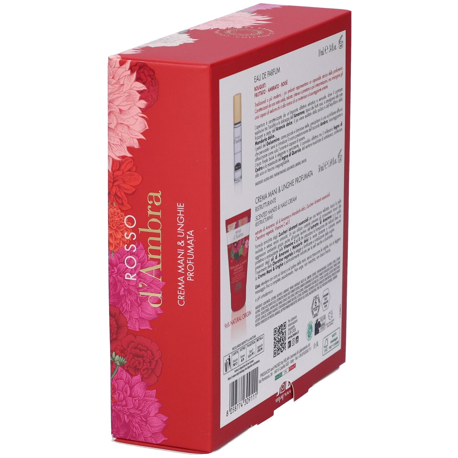Scatola regalo rossa, vista laterale con informazioni sul prodotto. Contiene Eau de Parfum e crema mani. Marchio: Helan.