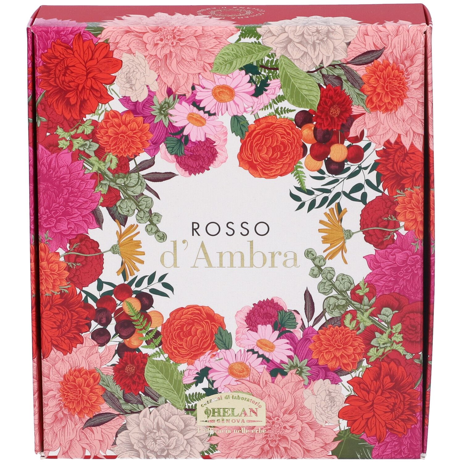 Scatola regalo rossa con design floreale e nome del prodotto. Scritto: Rosso d'Ambra. Marchio: Helan.