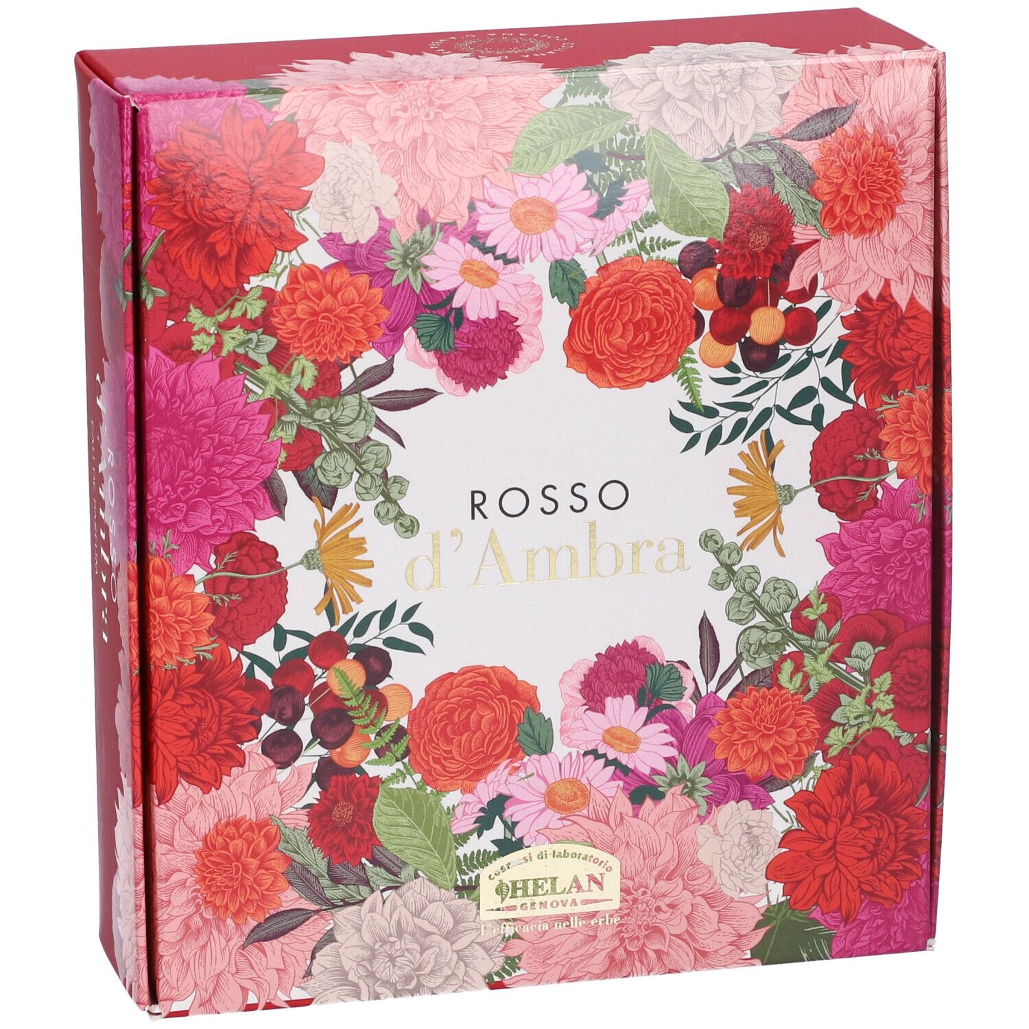 Scatola regalo rossa con design floreale e nome del prodotto. Scritto: Rosso d'Ambra. Marchio: Helan.