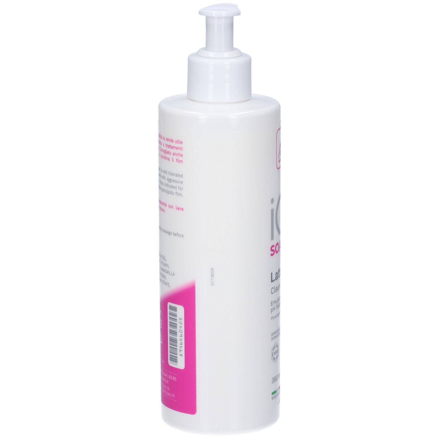 Flacone bianco, vista laterale. Testo e codice a barre su etichetta rosa. Dosatore.