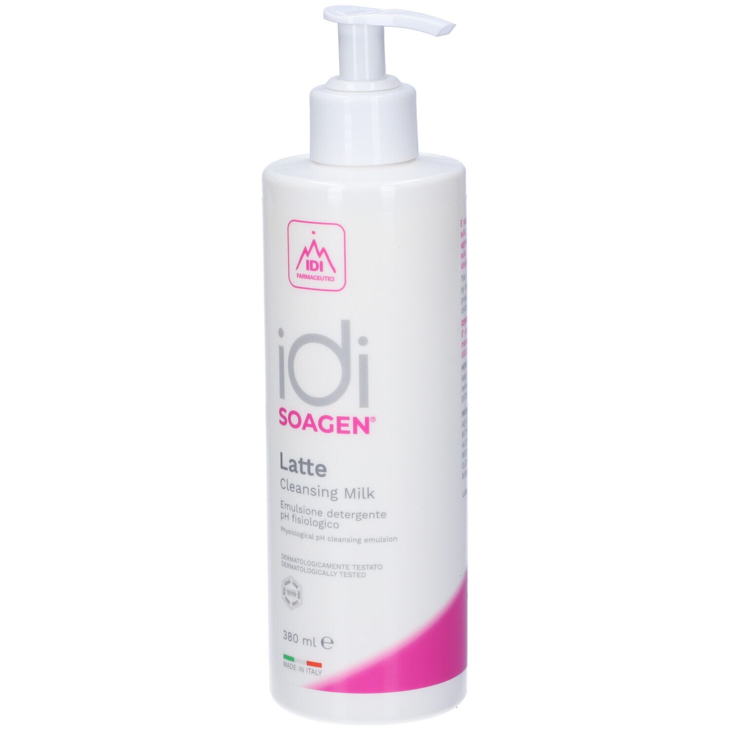 Flacone bianco con dosatore a pompa. Scritta: IDI Soagen Latte Cleansing Milk. Accento rosa.