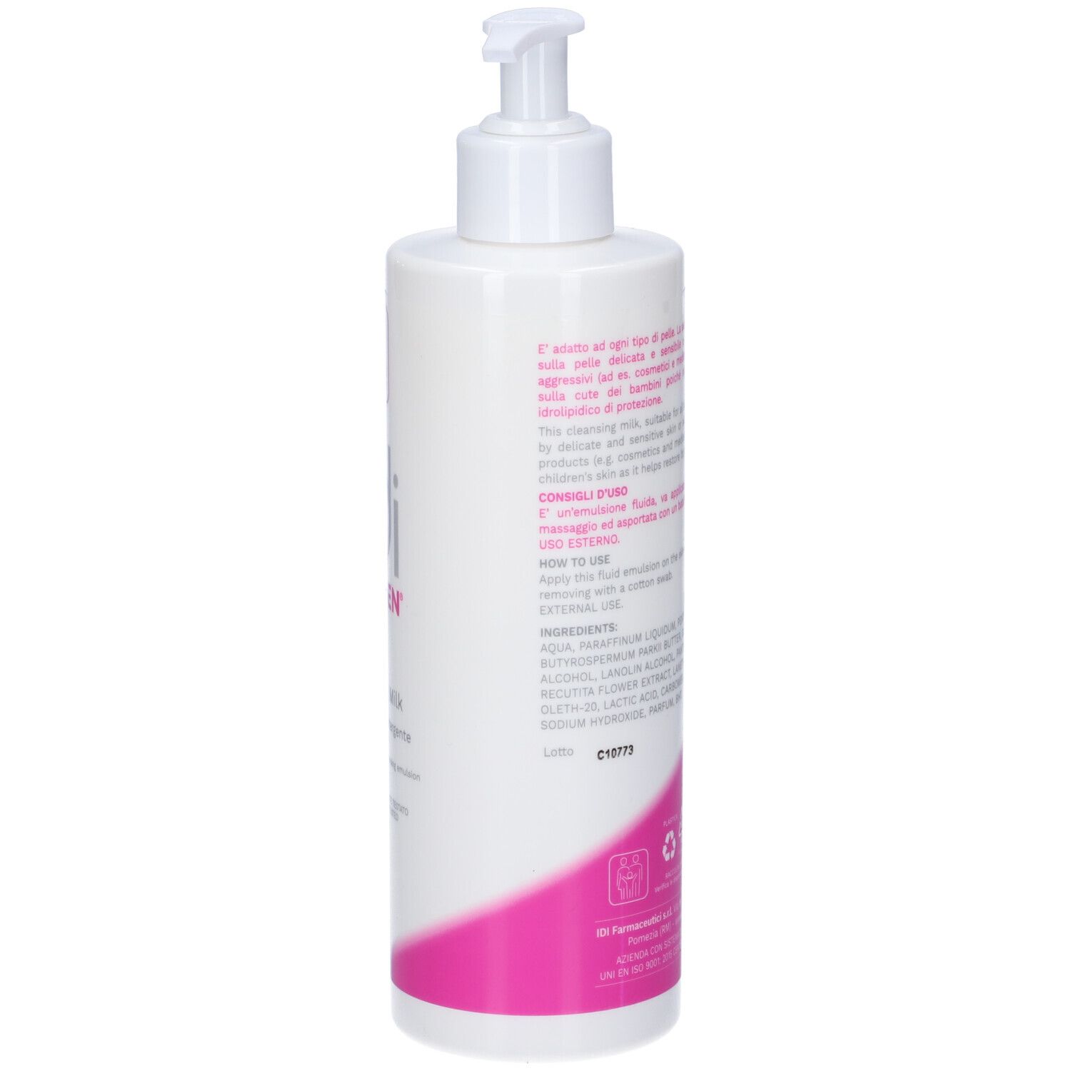 Retro del flacone bianco. Testo su etichetta rosa. Dosatore. Ingredienti.