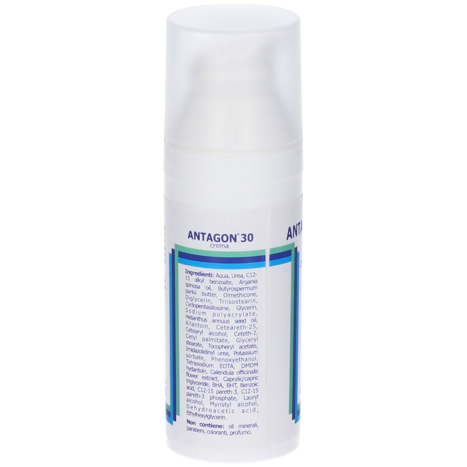 Retro del flacone di crema bianco. Testo con ingredienti e avvertenze. Strisce blu e verdi.