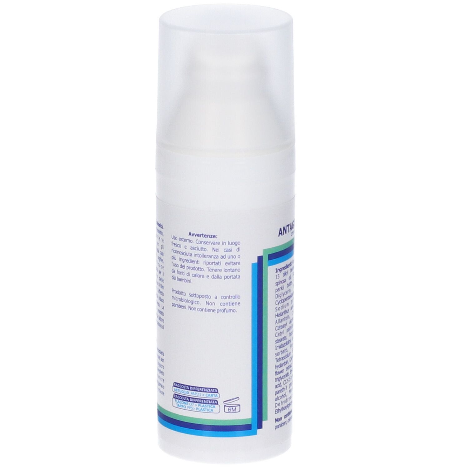 Retro del flacone di crema bianco. Testo con avvertenze. Strisce blu e verdi. Logo.