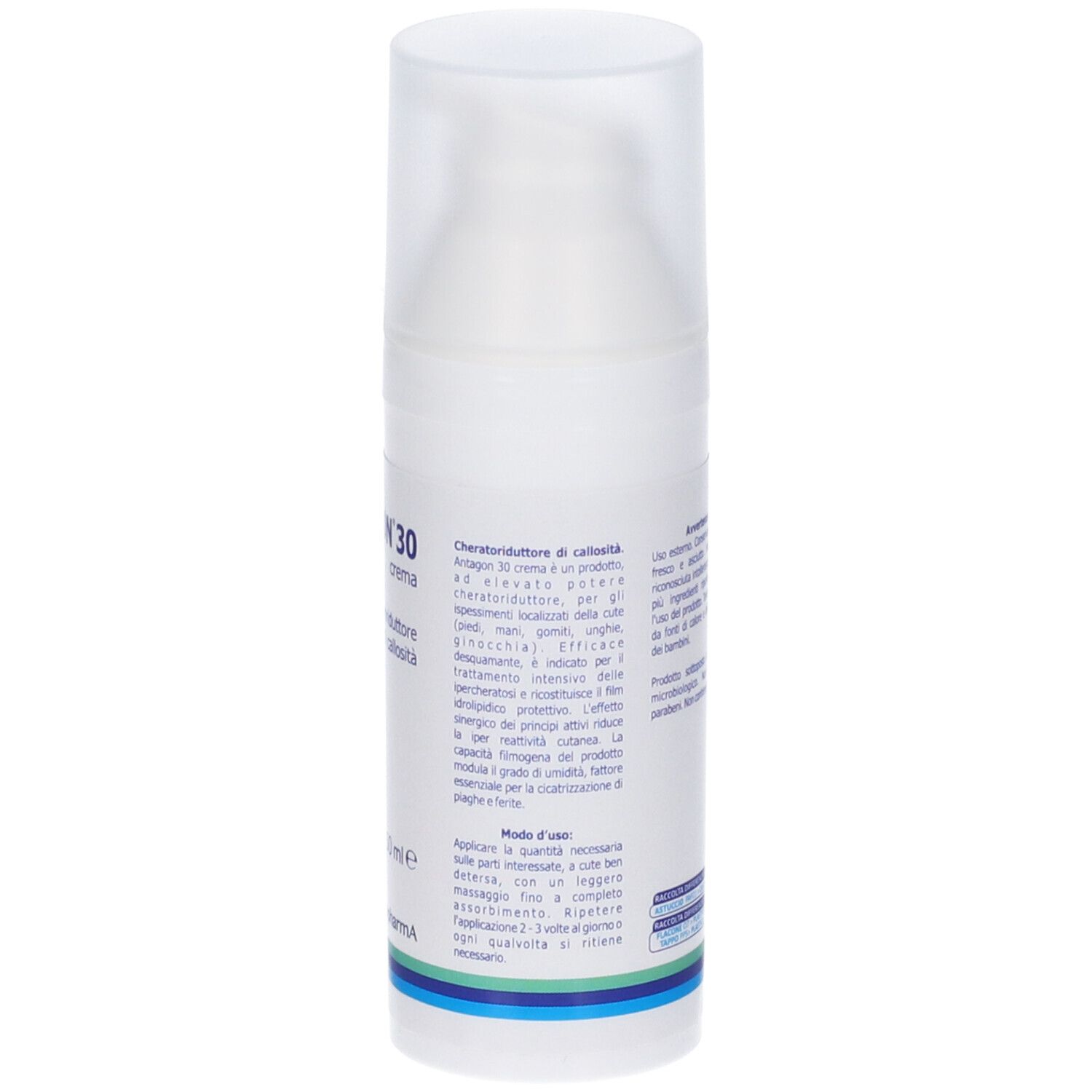 Retro del flacone di crema bianco. Testo con istruzioni per l'uso. Strisce blu e verdi. Logo.