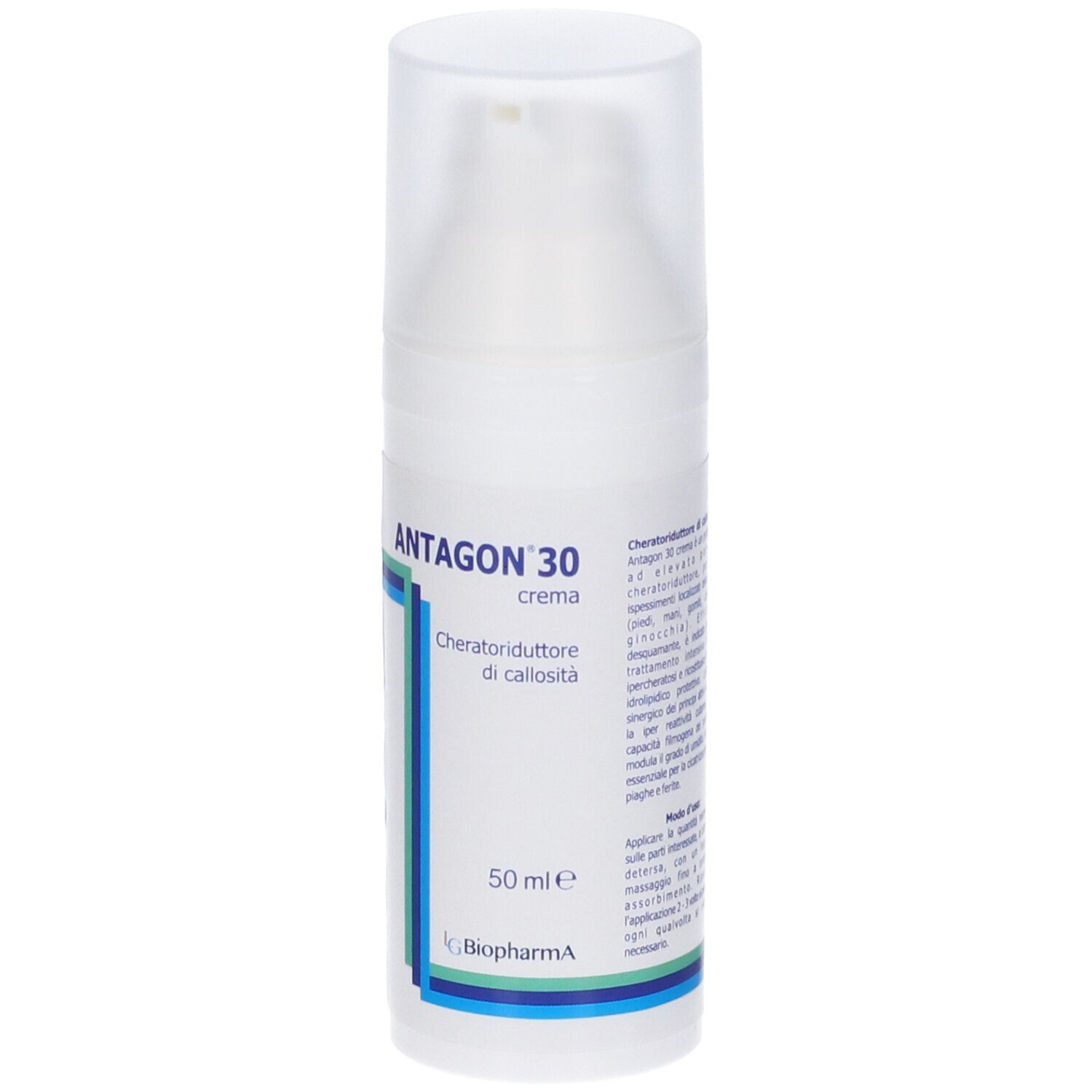 Flacone di crema bianco con dosatore. Scritta: Antagon 30 crema. Strisce blu e verdi. 50 ml.