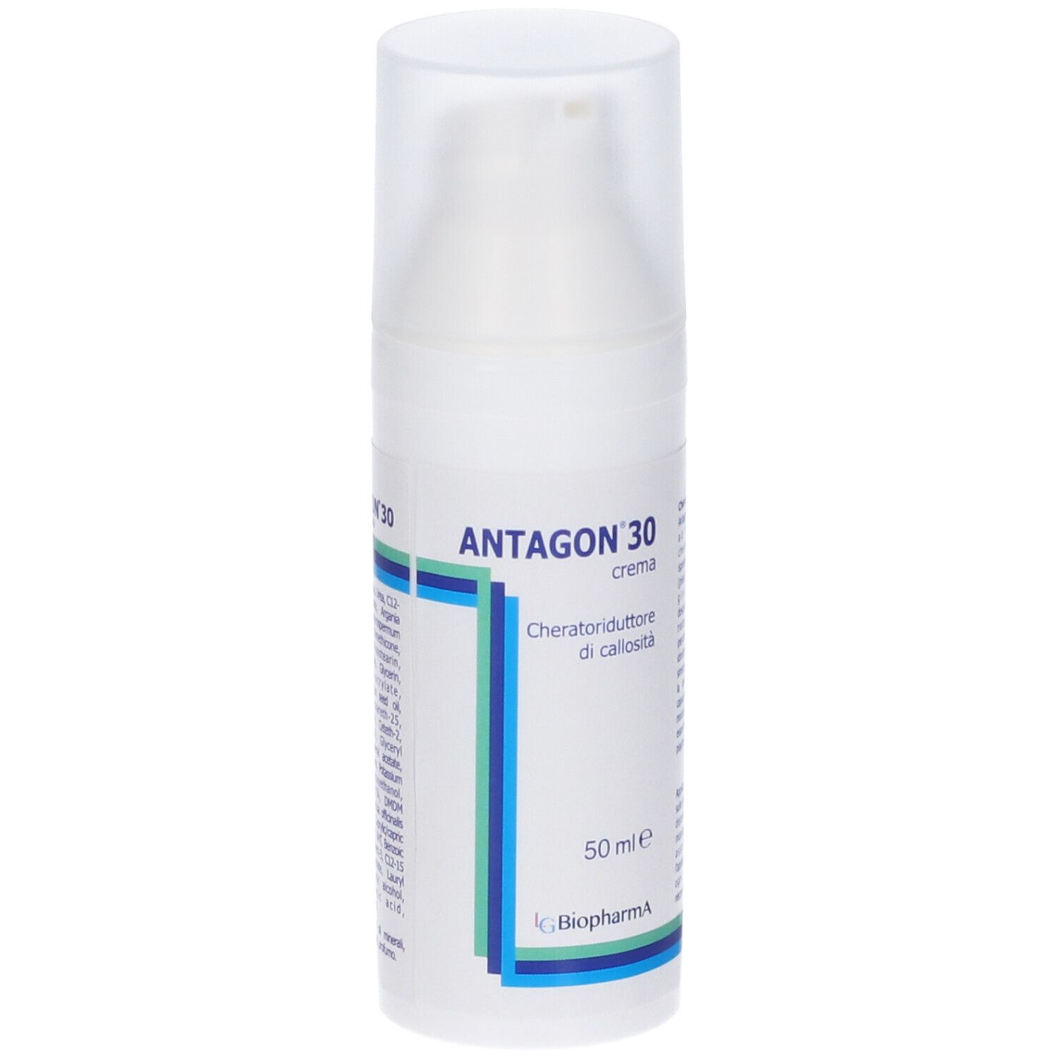 Flacone di crema bianco con dosatore. Scritta: Antagon 30 crema. Strisce blu e verdi. 50 ml.