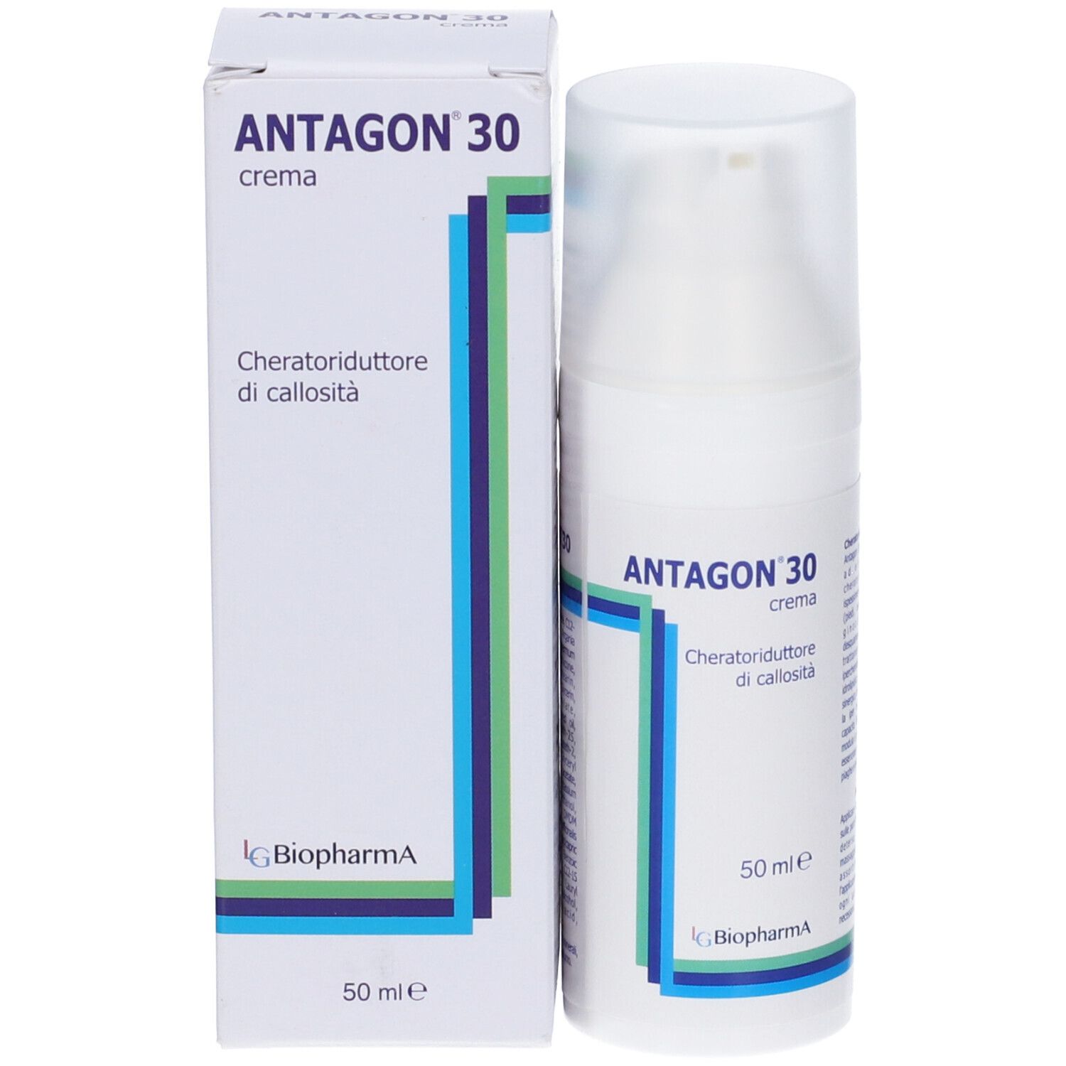 Confezione del prodotto e flacone di crema. Scritta: Antagon 30 crema. Strisce blu e verdi. 50 ml.
