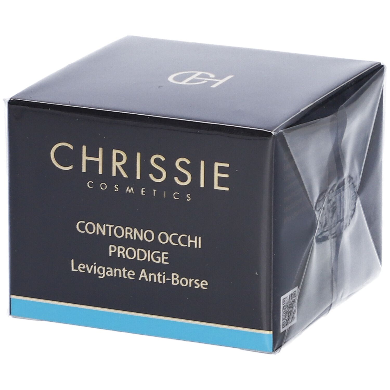 Confezione prodotto nera. Scritta: CHRISSIE COSMETICS, CONTRONO OCCHI PRODIGE, Levigante Anti-Borse.