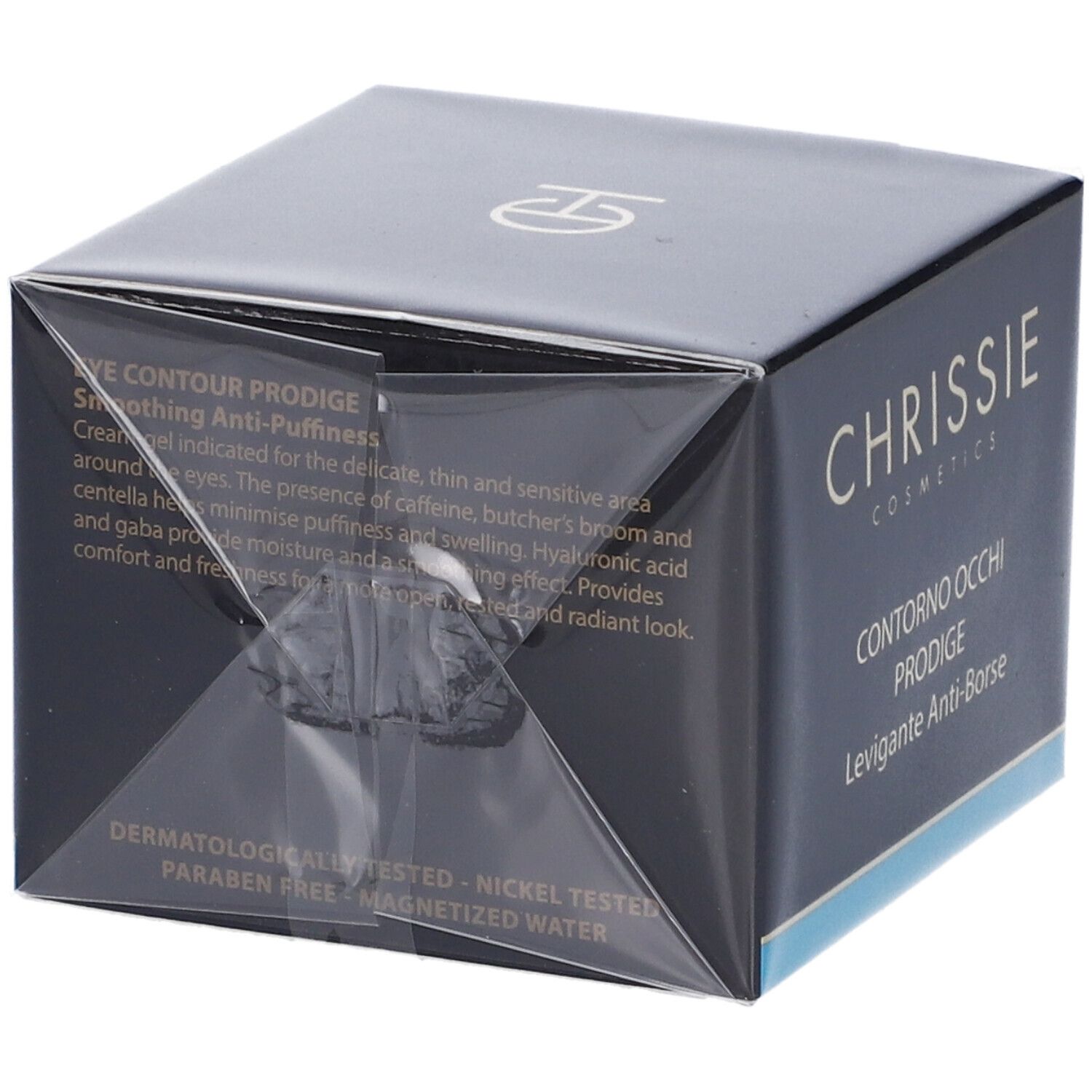 Confezione prodotto nera. Scritta: CHRISSIE COSMETICS, CONTRONO OCCHI PRODIGE, Levigante Anti-Borse. Testo.