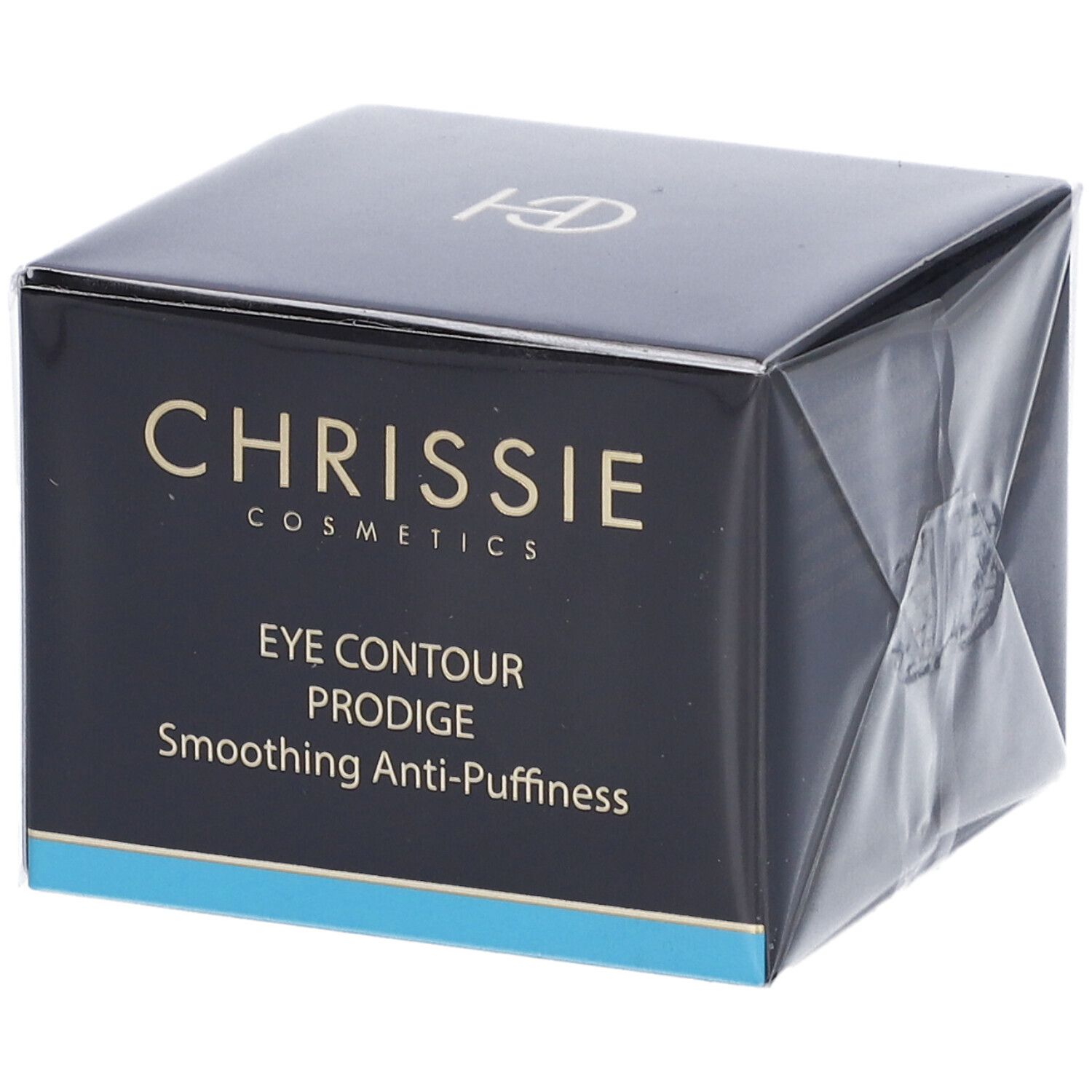 Confezione prodotto nera. Scritta: CHRISSIE COSMETICS, EYE CONTOUR PRODIGE, Smoothing Anti-Puffiness.
