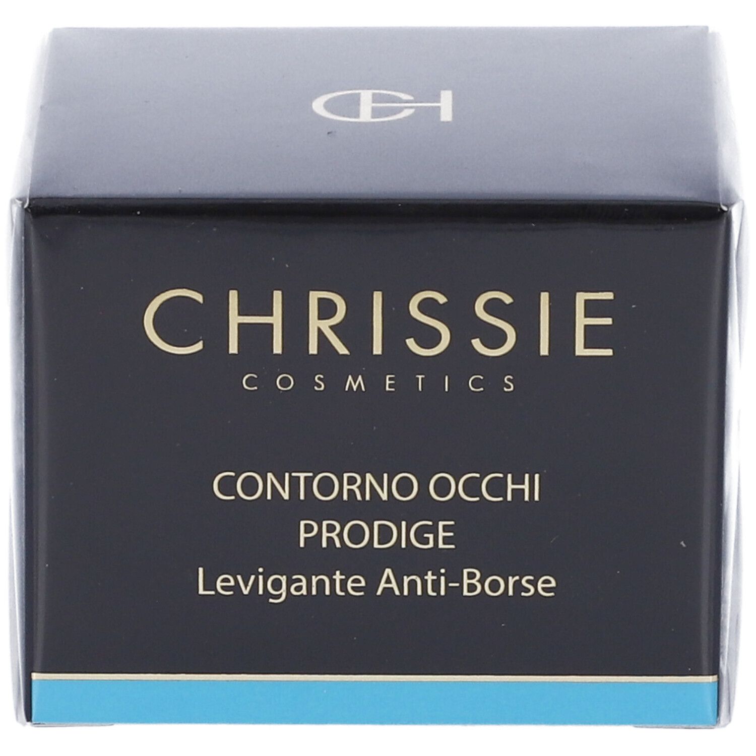 Confezione prodotto nera. Scritta: CHRISSIE COSMETICS, CONTRONO OCCHI PRODIGE, Levigante Anti-Borse.