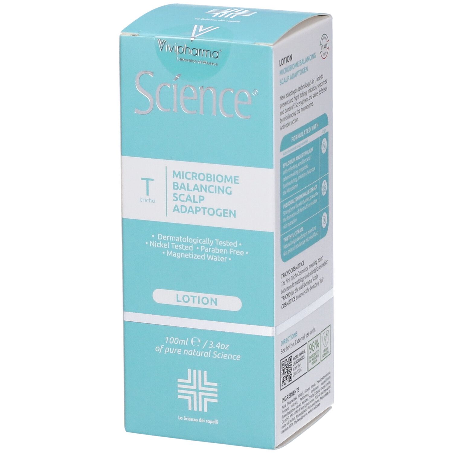 Confezione prodotto azzurra. Nome prodotto e logo. Testo: Dermatologicamente testato.