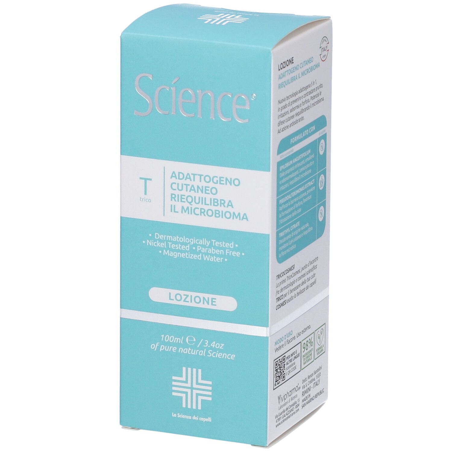 Confezione prodotto azzurra. Nome prodotto e logo. Testo: Dermatologicamente testato.